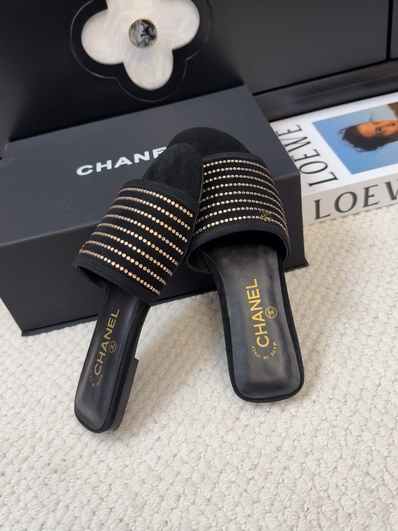 FLAT SLIDE IN BLACK SUEDE WITH CRYSTALS - 35