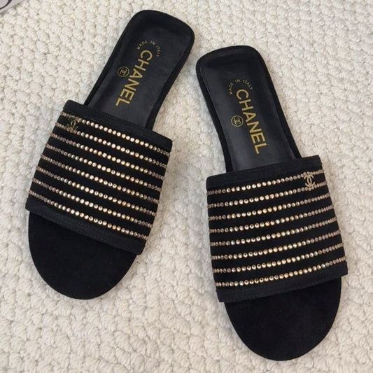 FLAT SLIDE IN BLACK SUEDE WITH CRYSTALS - 35