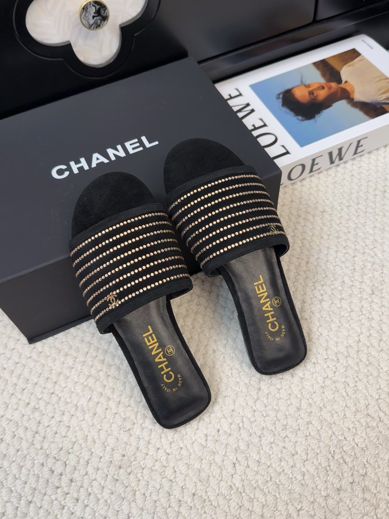 FLAT SLIDE IN BLACK SUEDE WITH CRYSTALS - 35