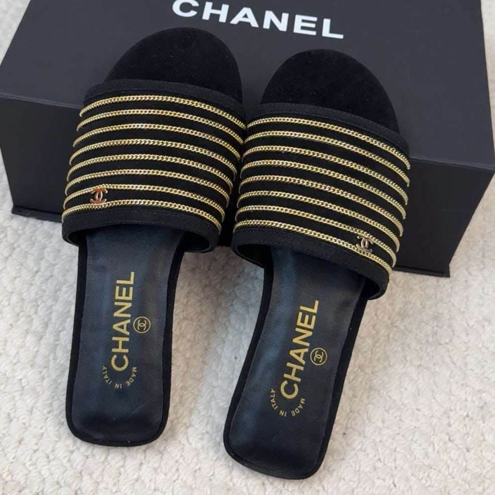 FLAT SLIDE IN BLACK SUEDE WITH GOLD CRYSTALS - 35