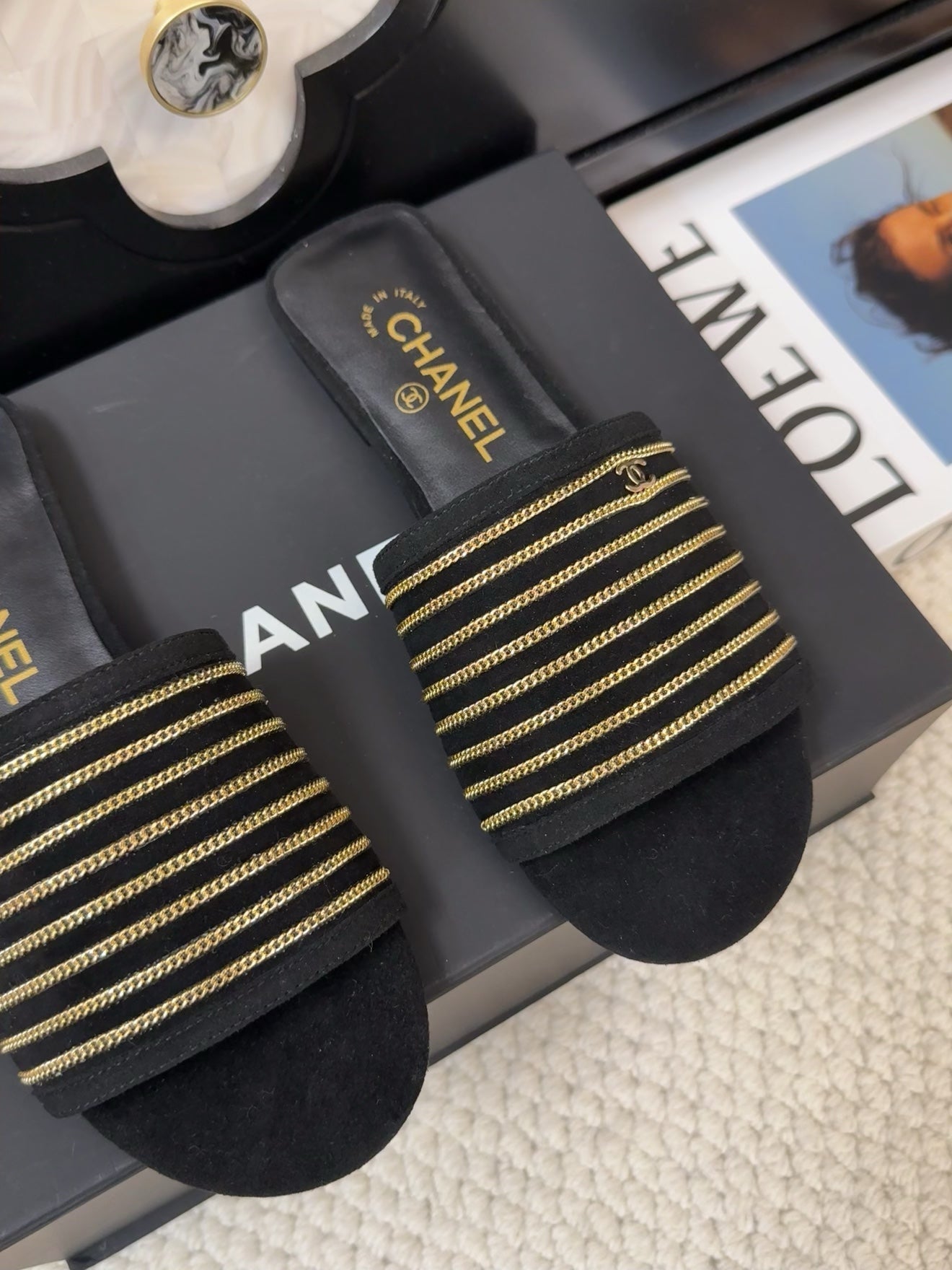 FLAT SLIDE IN BLACK SUEDE WITH GOLD CRYSTALS - 35