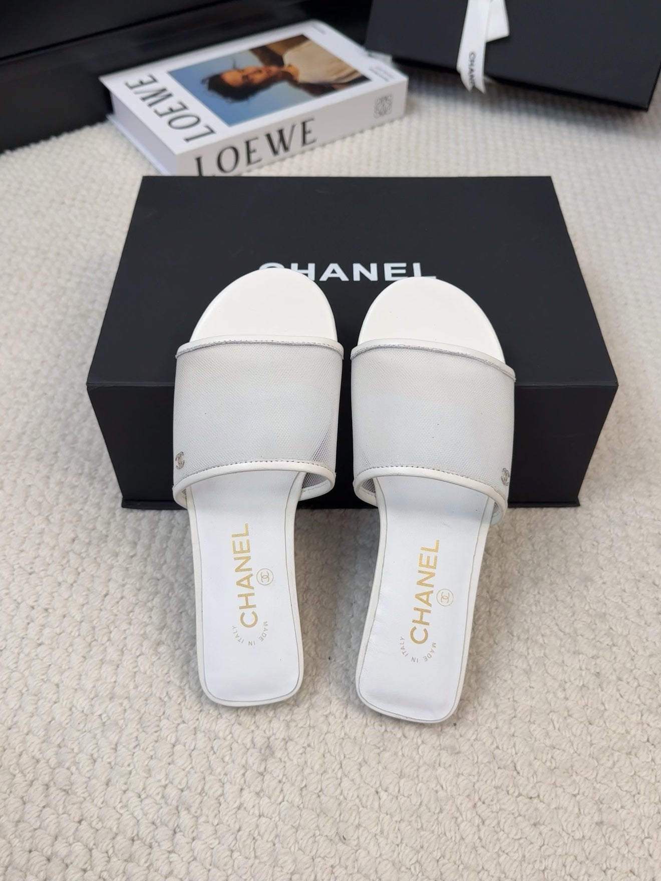 FLAT SLIDE IN WHITE MESH AND SUEDE - 35