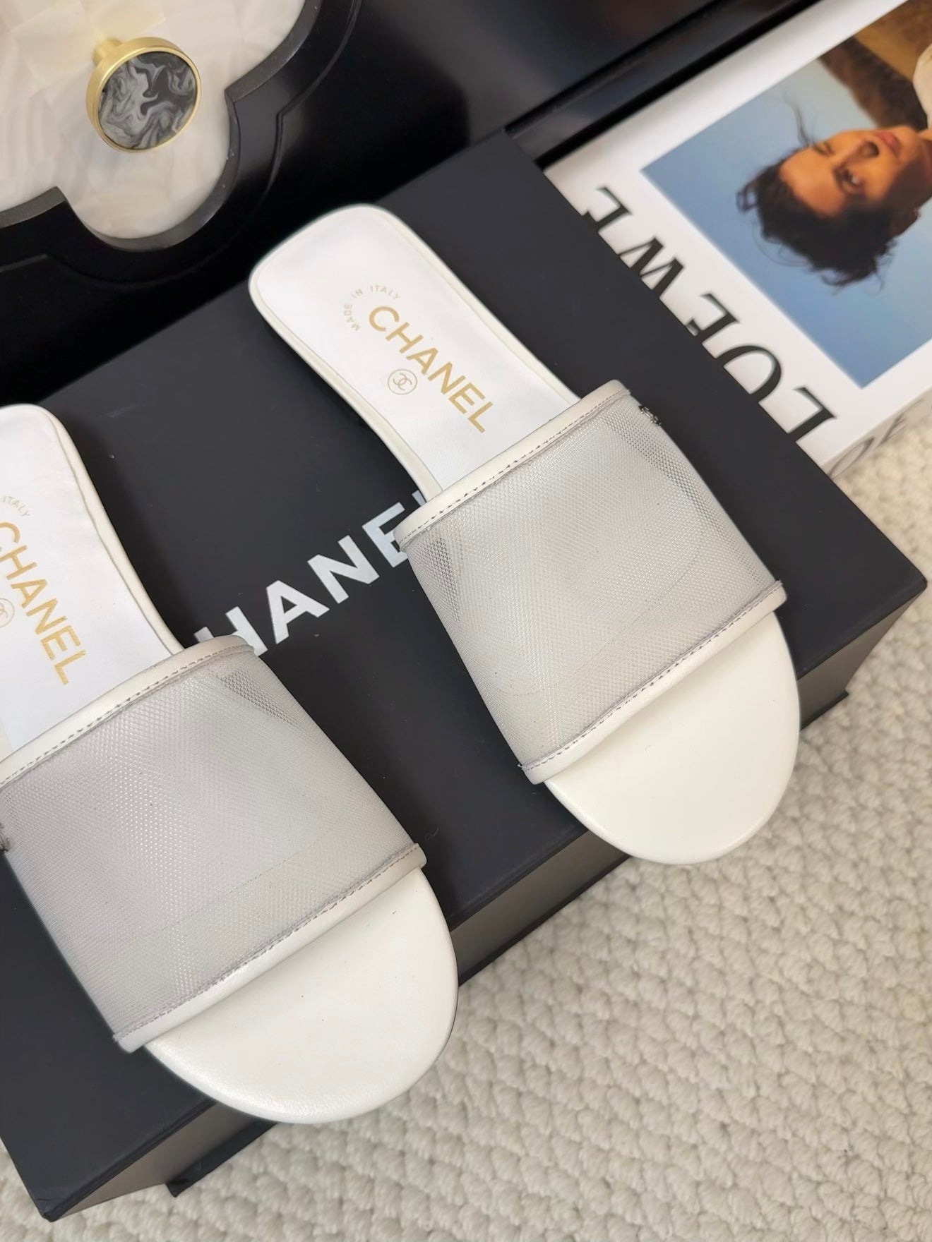 FLAT SLIDE IN WHITE MESH AND SUEDE - 35