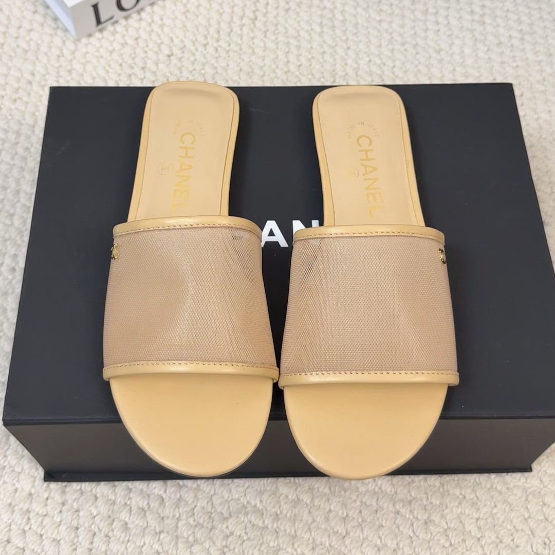 FLAT SLIDE IN FLAX YELLOW MESH AND SUEDE - 35