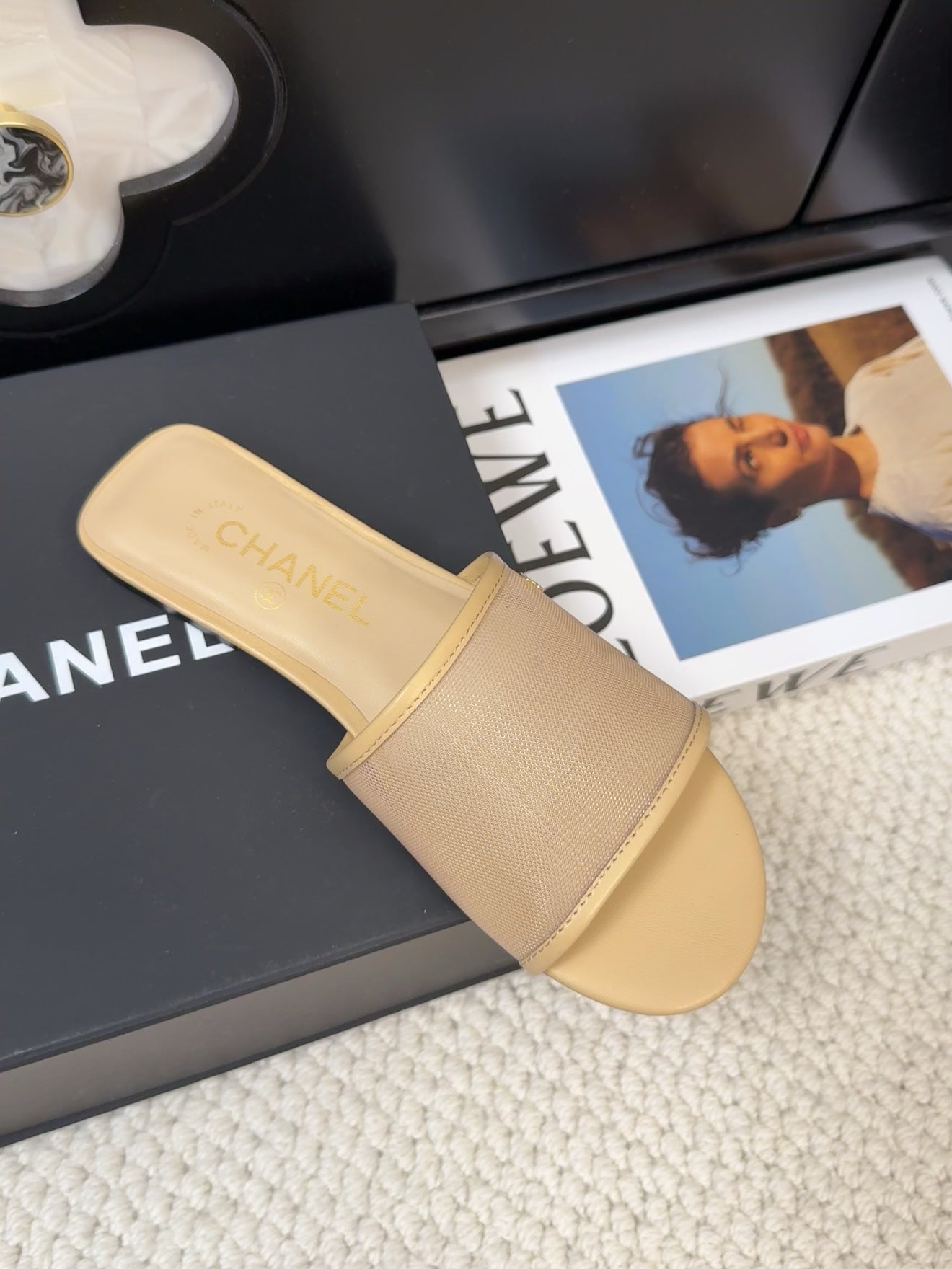 FLAT SLIDE IN FLAX YELLOW MESH AND SUEDE - 35