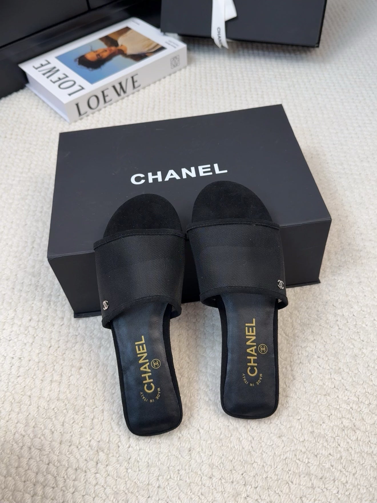 FLAT SLIDE IN BLACK MESH AND SUEDE - 35