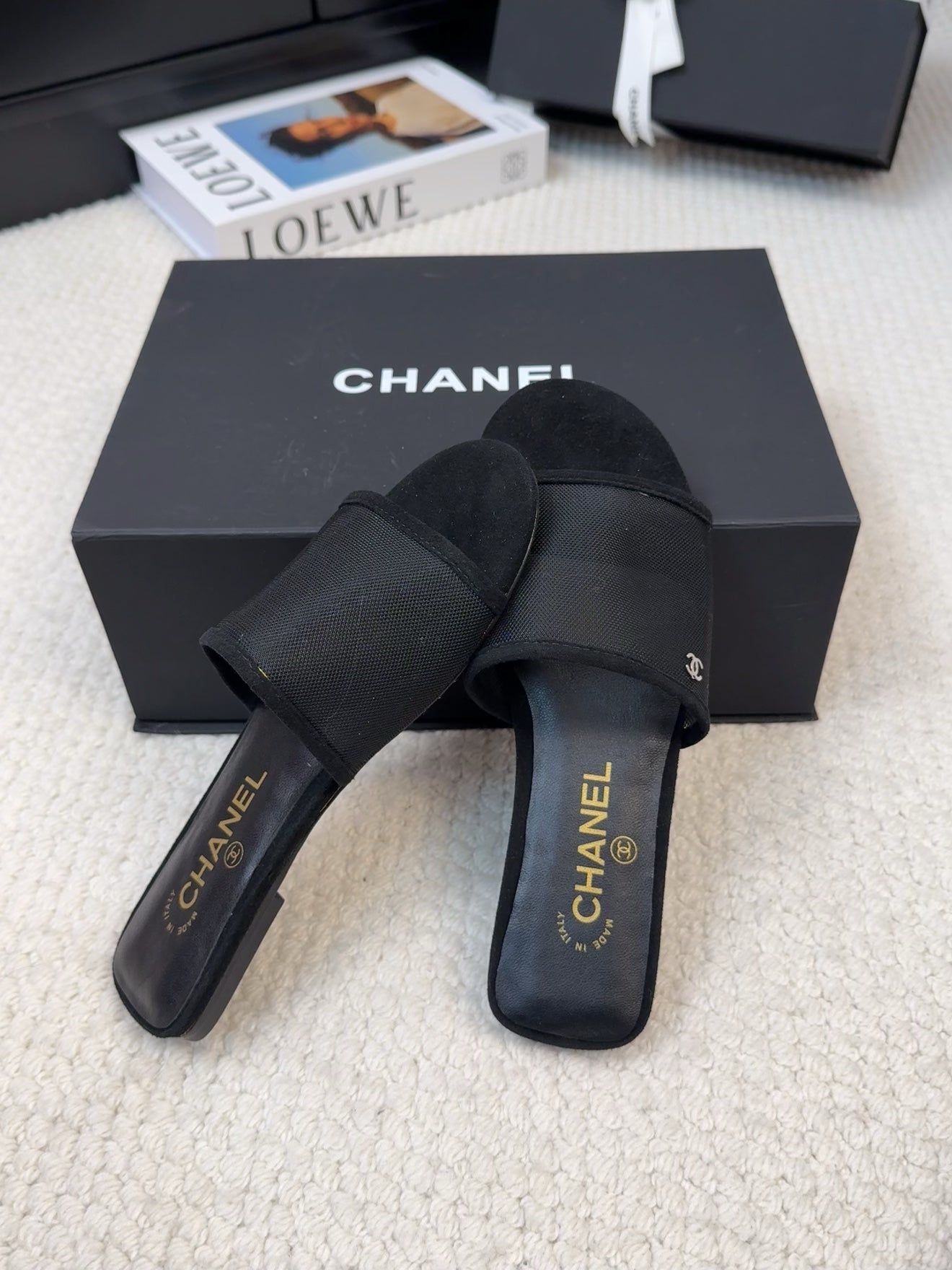 FLAT SLIDE IN BLACK MESH AND SUEDE - 35