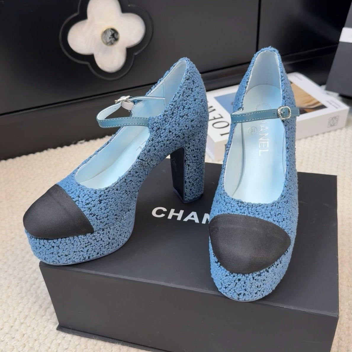 FLATFORM SANDAL IN AEGEAN BLUE TWEED AND BLACK FABRIC - 35