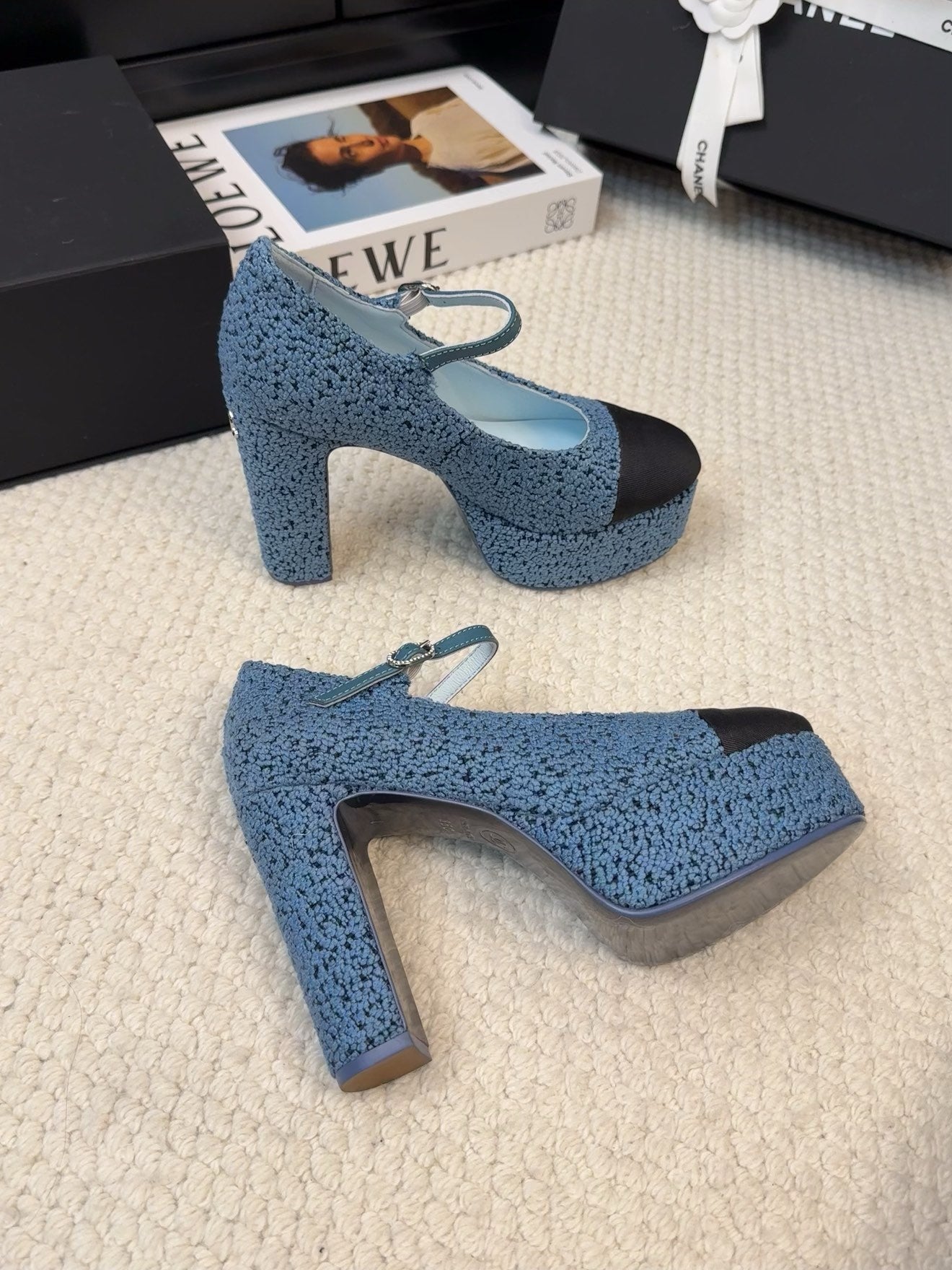 FLATFORM SANDAL IN AEGEAN BLUE TWEED AND BLACK FABRIC - 35