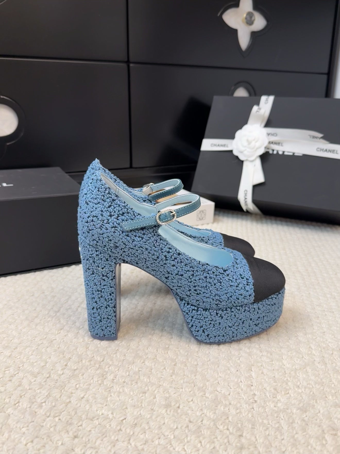 FLATFORM SANDAL IN AEGEAN BLUE TWEED AND BLACK FABRIC - 35
