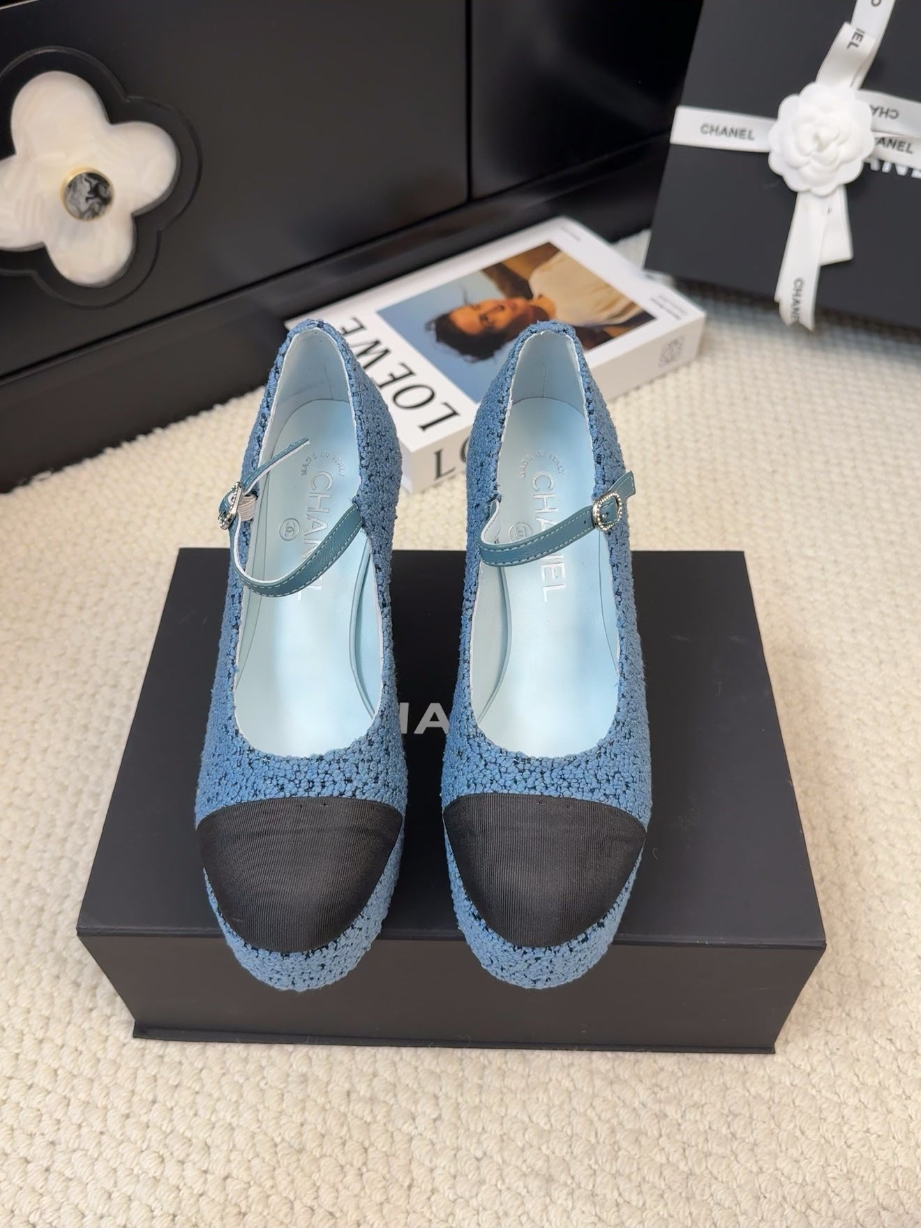 FLATFORM SANDAL IN AEGEAN BLUE TWEED AND BLACK FABRIC - 35