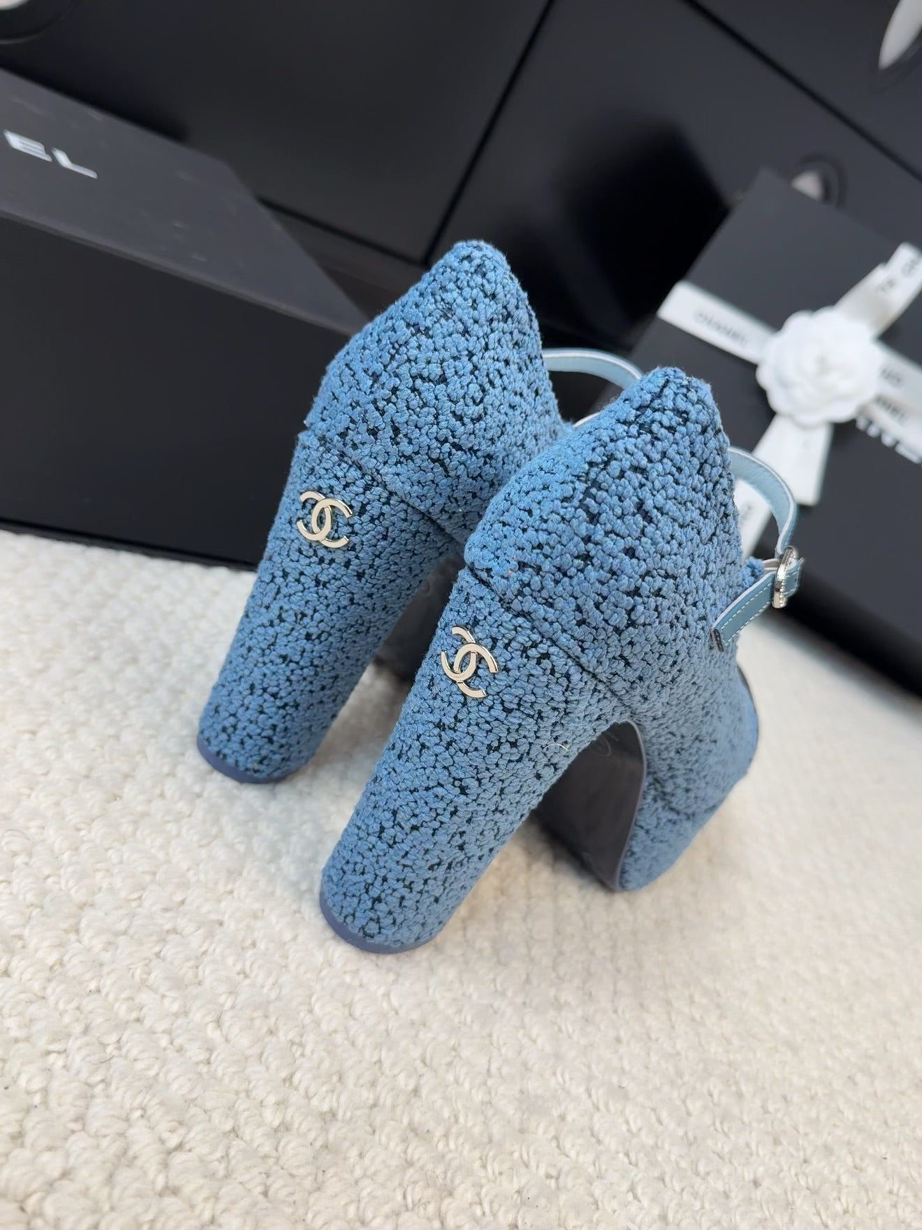 FLATFORM SANDAL IN AEGEAN BLUE TWEED AND BLACK FABRIC - 35