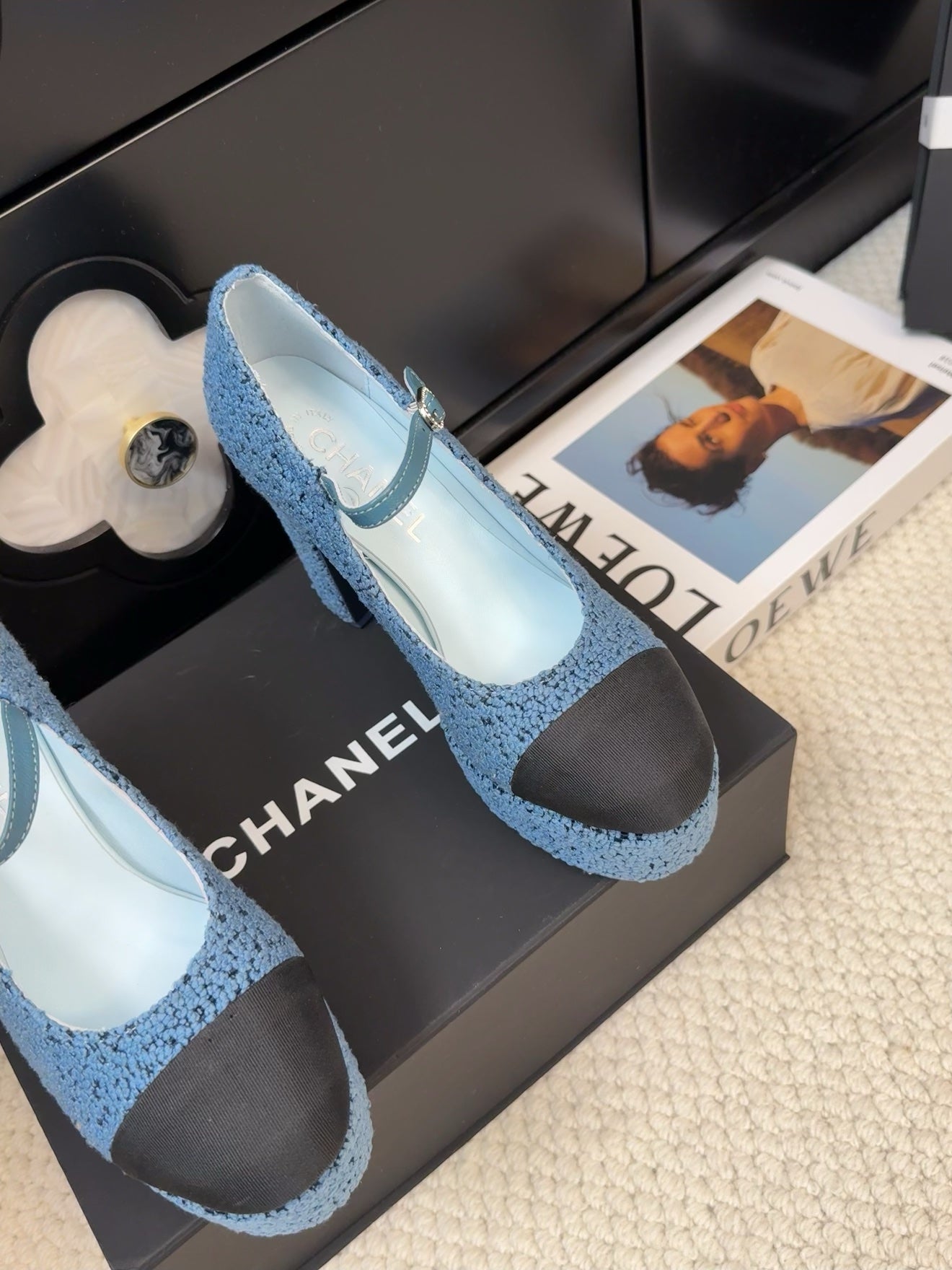 FLATFORM SANDAL IN AEGEAN BLUE TWEED AND BLACK FABRIC - 35