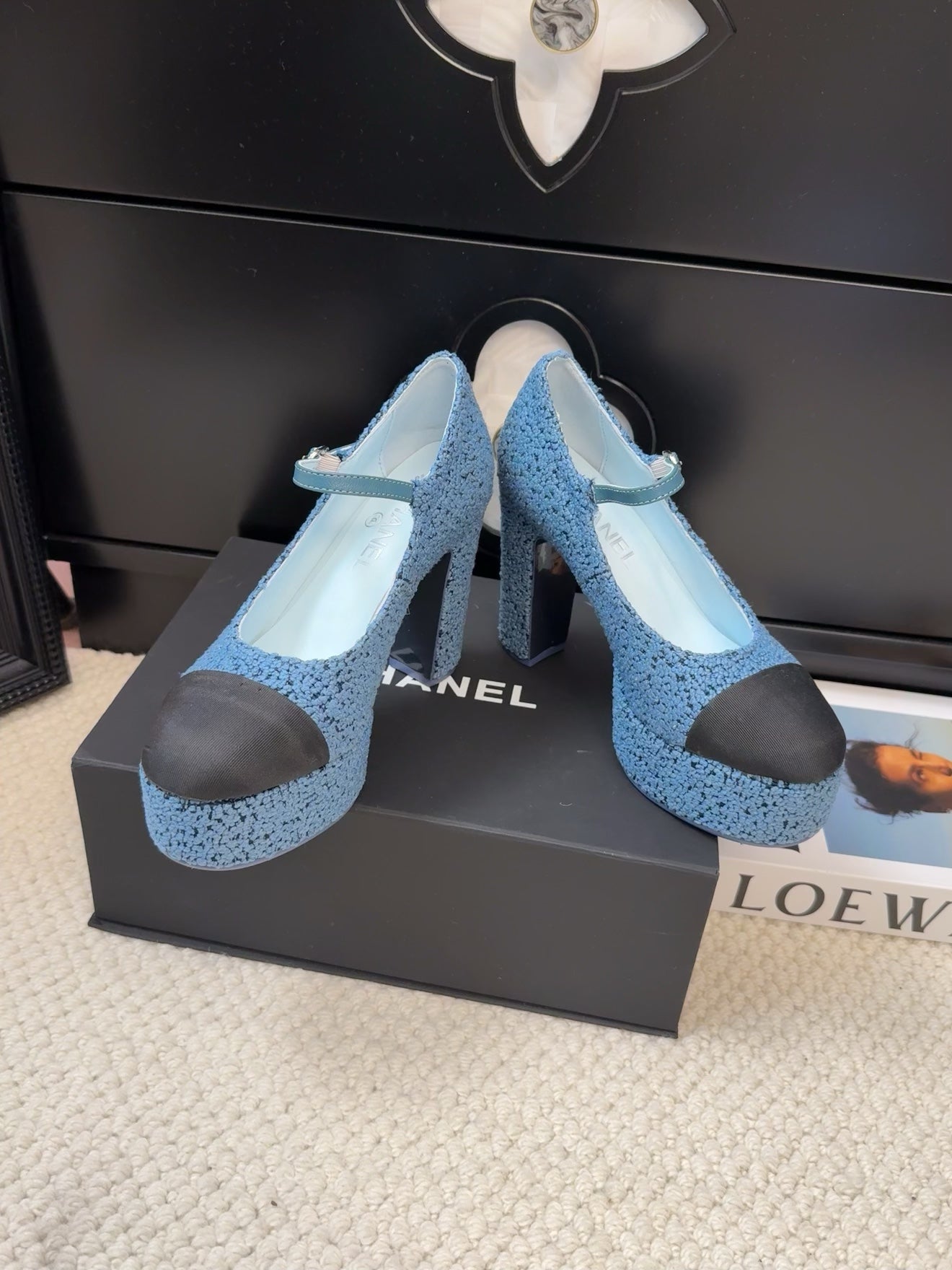 FLATFORM SANDAL IN AEGEAN BLUE TWEED AND BLACK FABRIC - 35
