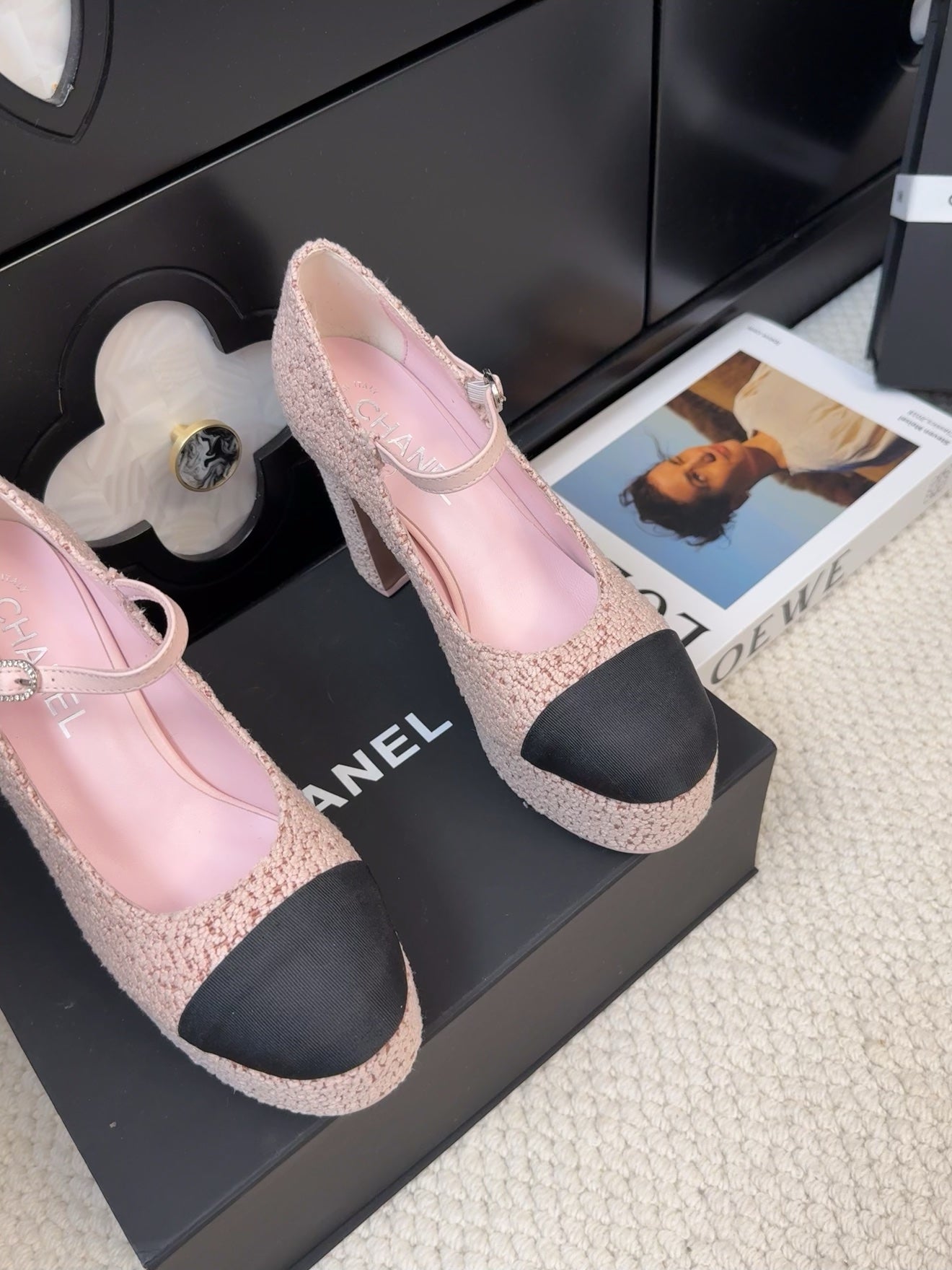 FLATFORM SANDAL IN LIGHT PINK TWEED AND BLACK FABRIC - 35