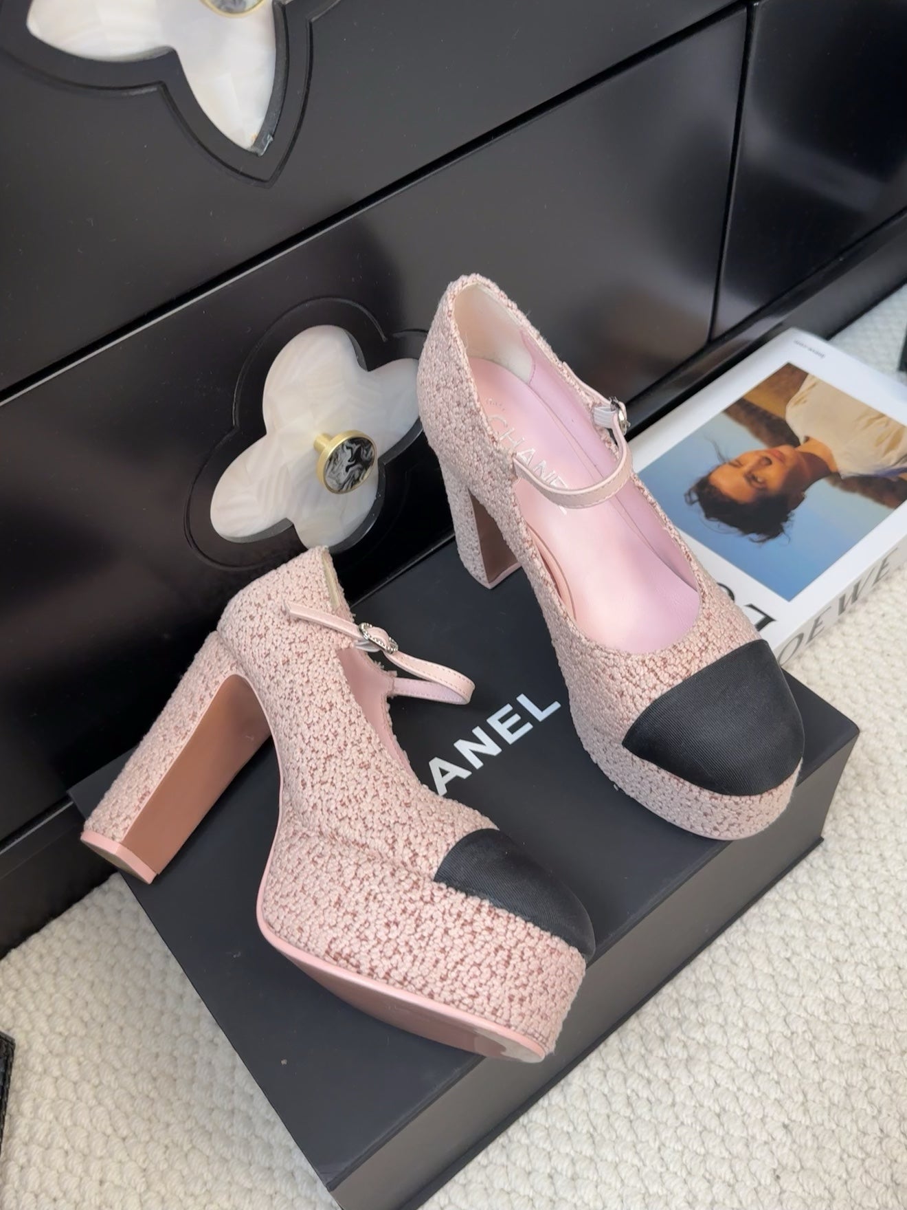 FLATFORM SANDAL IN LIGHT PINK TWEED AND BLACK FABRIC - 35