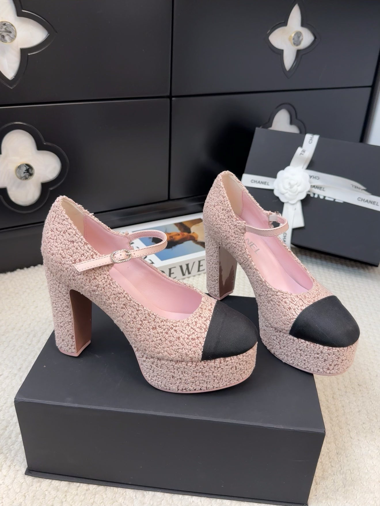 FLATFORM SANDAL IN LIGHT PINK TWEED AND BLACK FABRIC - 35