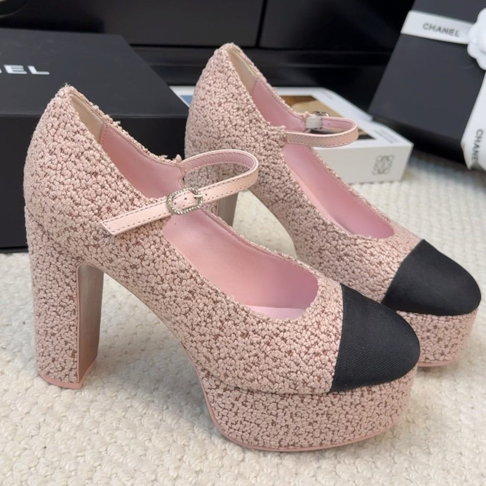 FLATFORM SANDAL IN LIGHT PINK TWEED AND BLACK FABRIC - 35