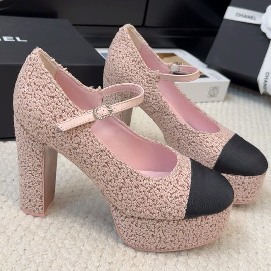 FLATFORM SANDAL IN LIGHT PINK TWEED AND BLACK FABRIC - 35
