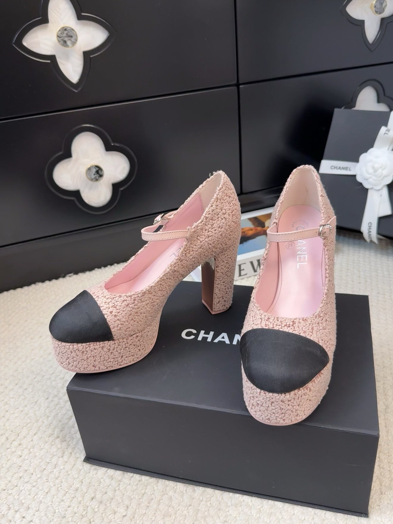 FLATFORM SANDAL IN LIGHT PINK TWEED AND BLACK FABRIC - 35