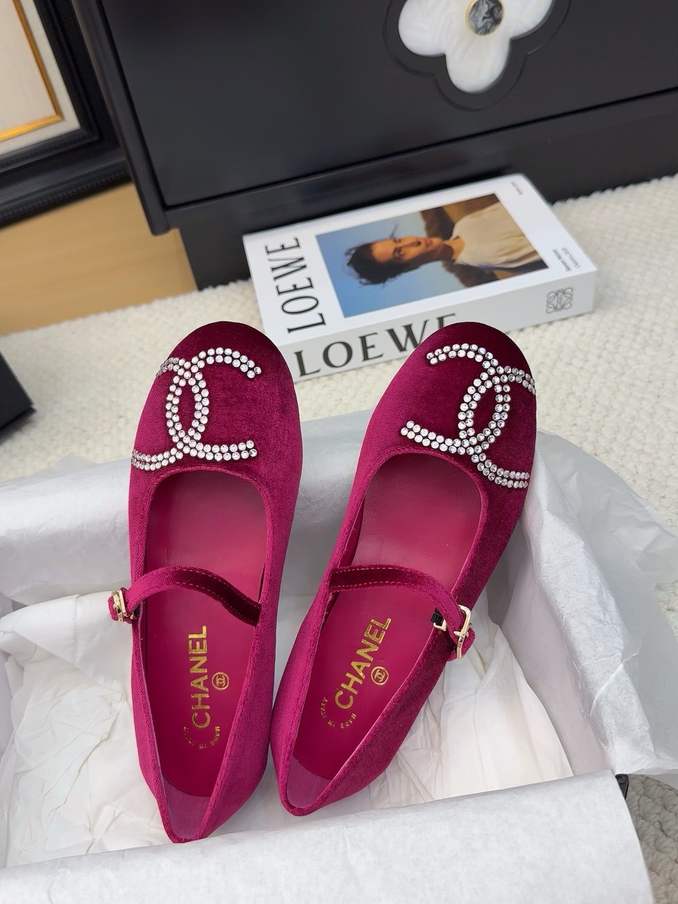 MARY JANE SHOES IN JAM PURPLE VELVET WITH CRYSTALS LOGO - 34