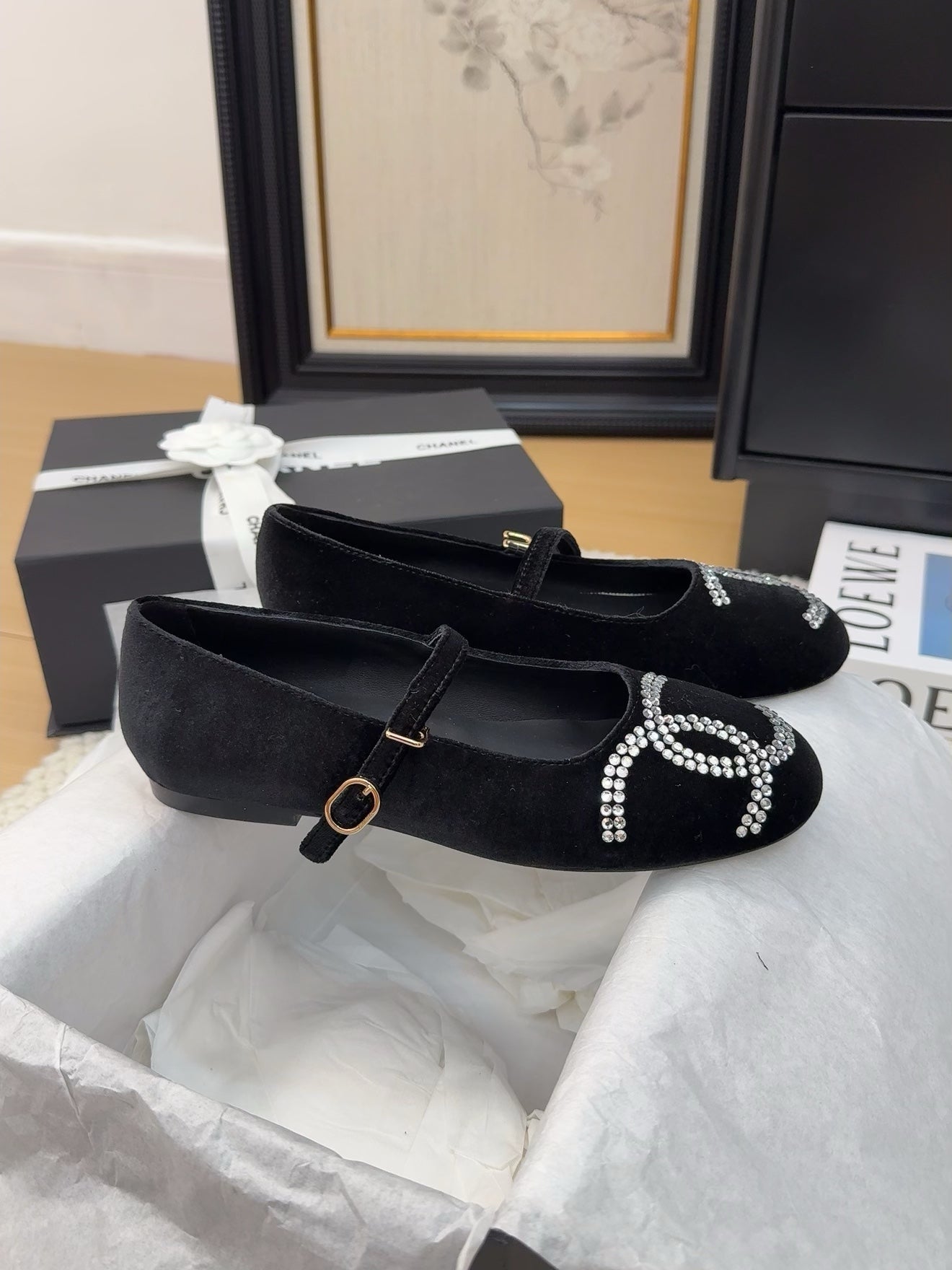 MARY JANE SHOES IN BLACK VELVET WITH CRYSTALS LOGO - 34