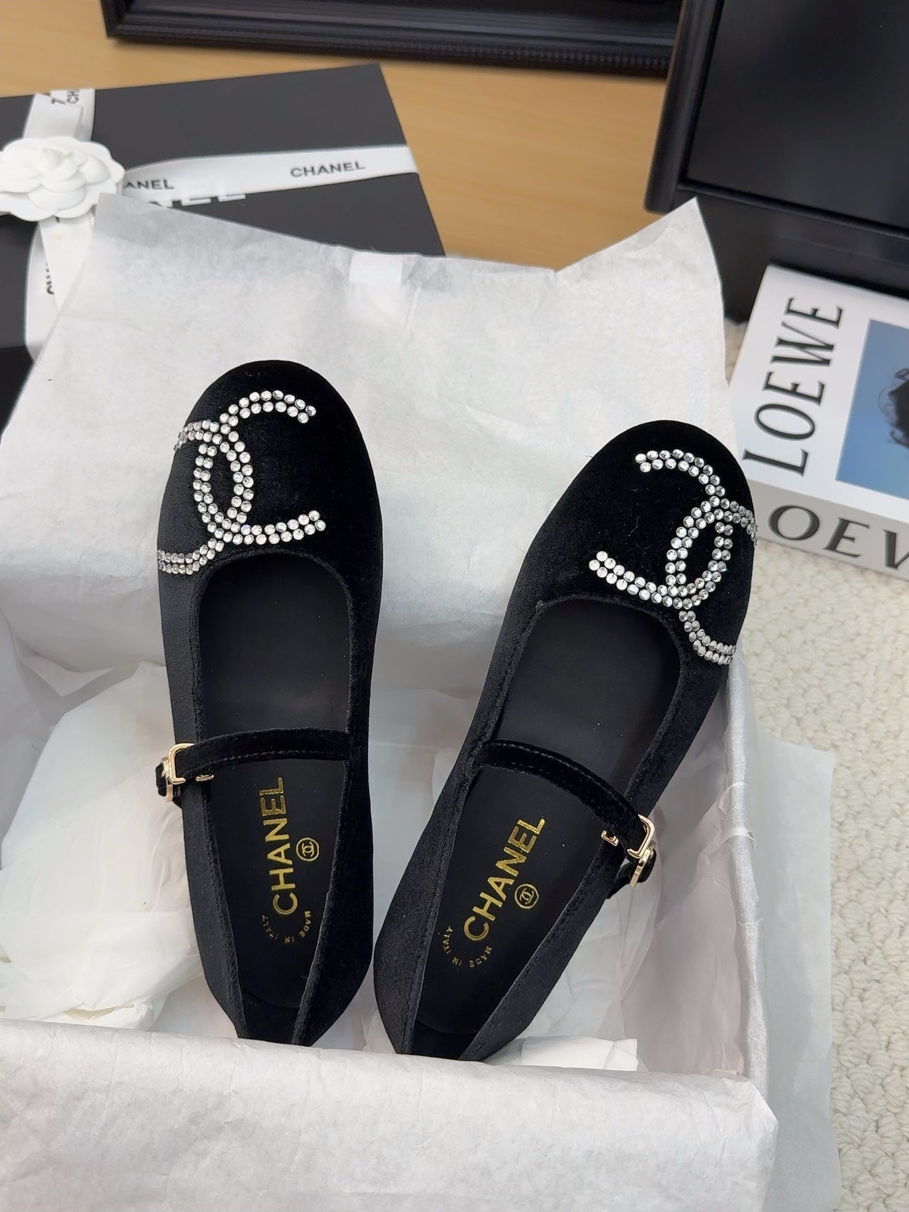MARY JANE SHOES IN BLACK VELVET WITH CRYSTALS LOGO - 34