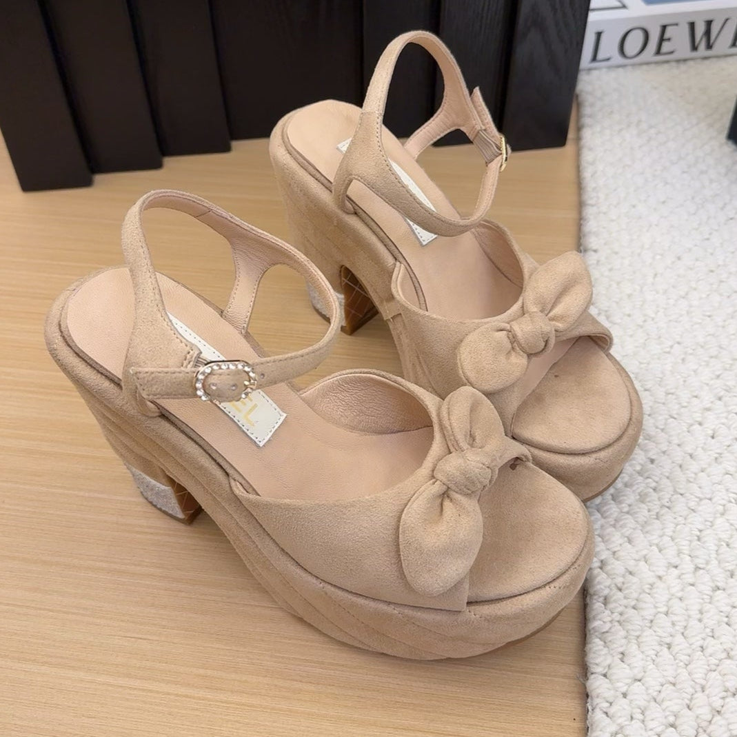HIGH 12 CM PLATFORM SANDALS IN CAMEL BEIGE SUEDE - 34