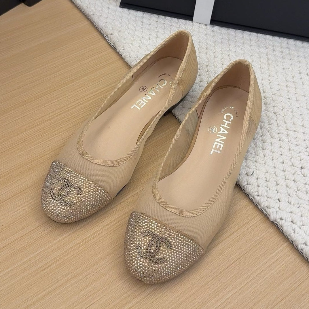 BALLET FLAT IN CAMEL BEIGE FABRIC AND MESH WITH CRYSTALS - 34