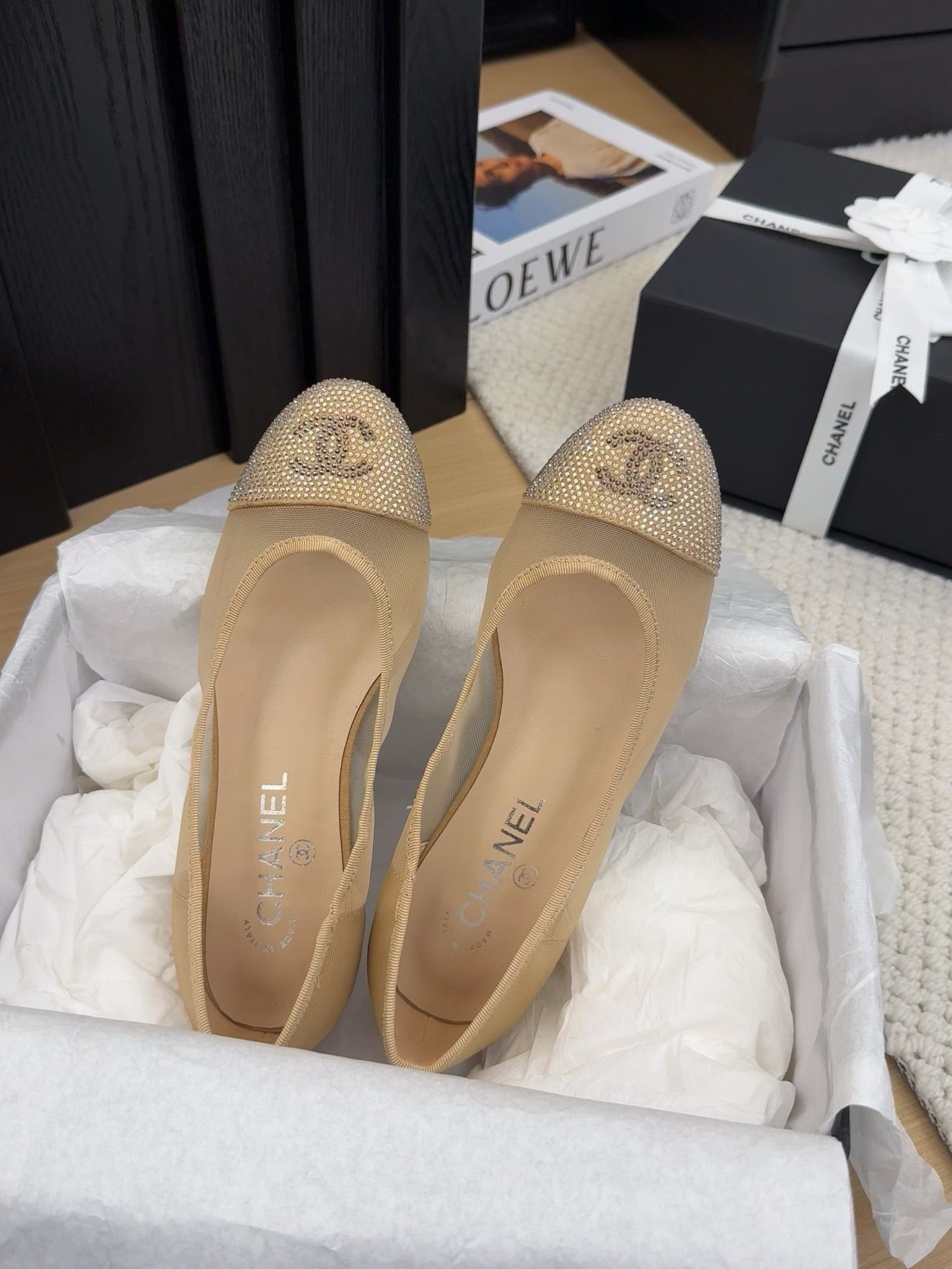 BALLET FLAT IN CAMEL BEIGE FABRIC AND MESH WITH CRYSTALS - 34