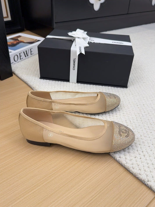 BALLET FLAT IN CAMEL BEIGE FABRIC AND MESH WITH CRYSTALS - 34