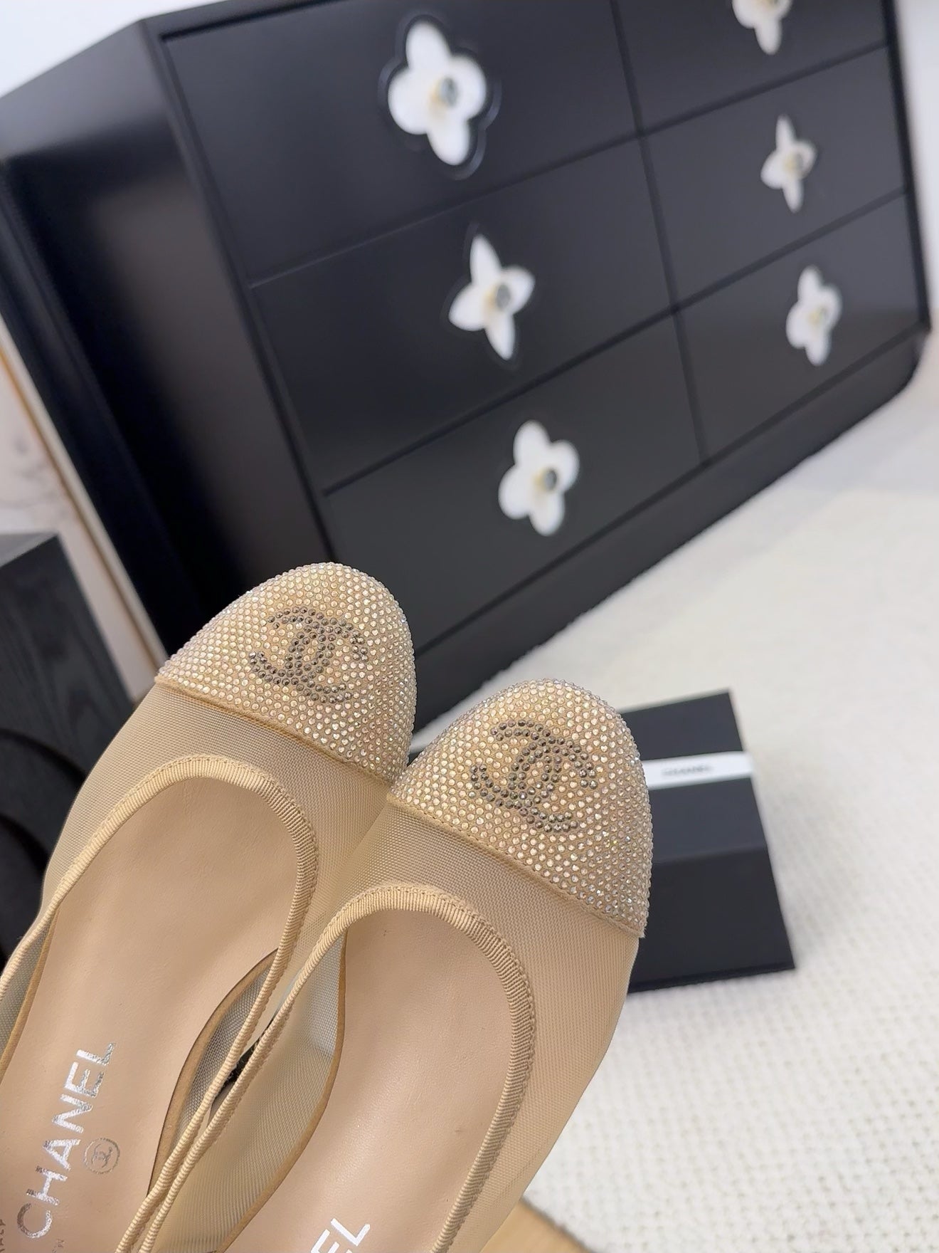 BALLET FLAT IN CAMEL BEIGE FABRIC AND MESH WITH CRYSTALS - 34