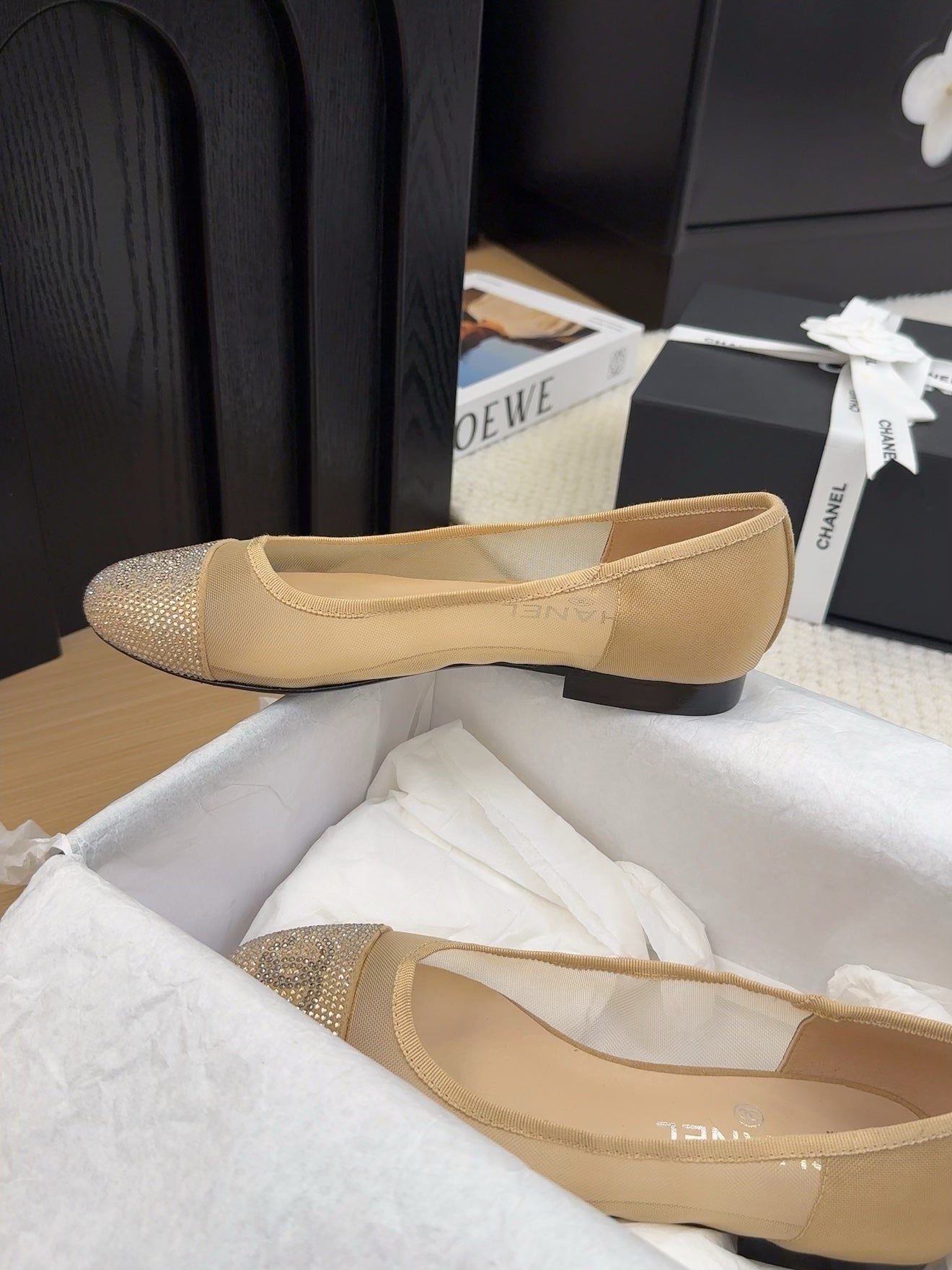 BALLET FLAT IN CAMEL BEIGE FABRIC AND MESH WITH CRYSTALS - 34