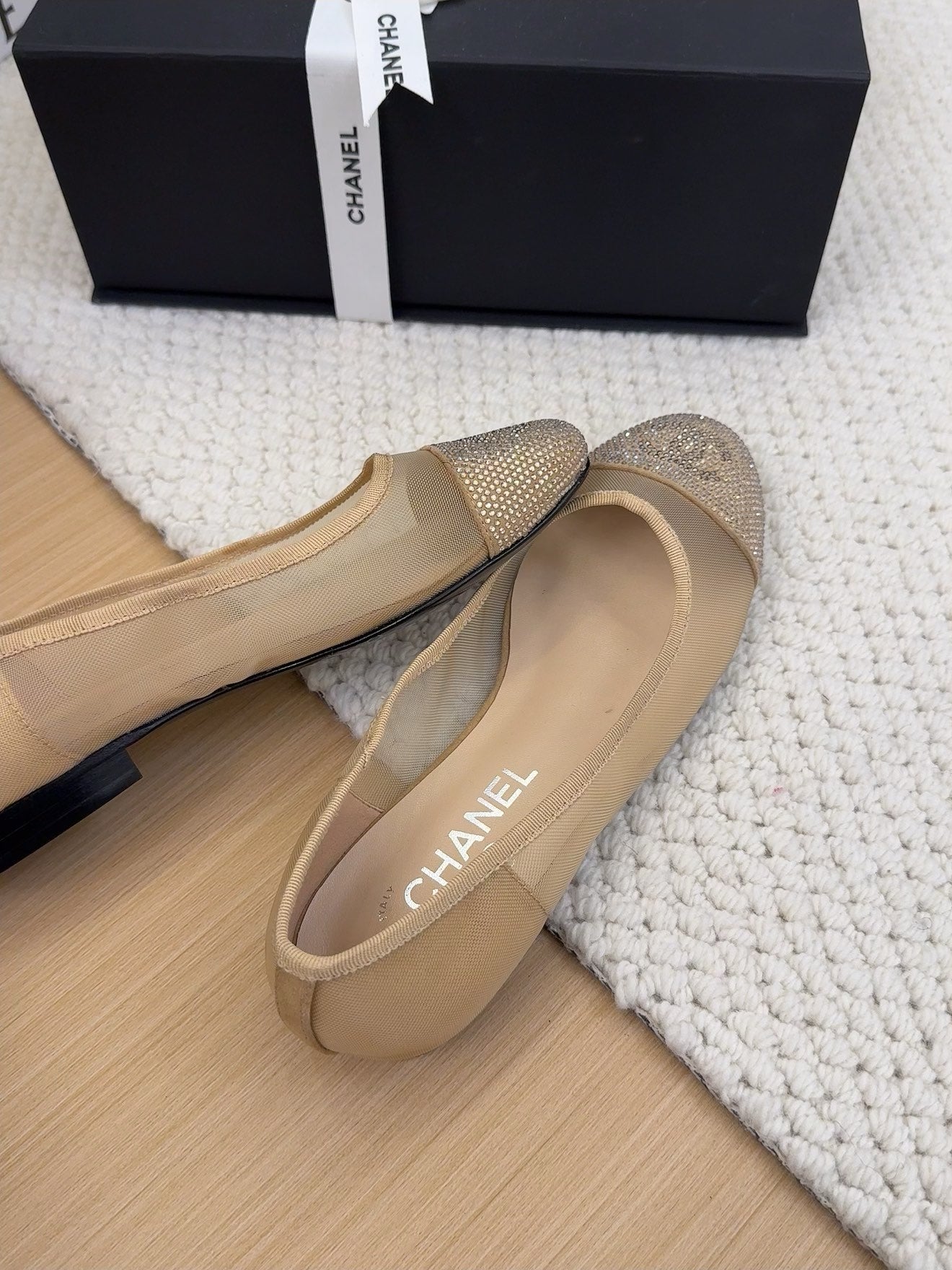 BALLET FLAT IN CAMEL BEIGE FABRIC AND MESH WITH CRYSTALS - 34