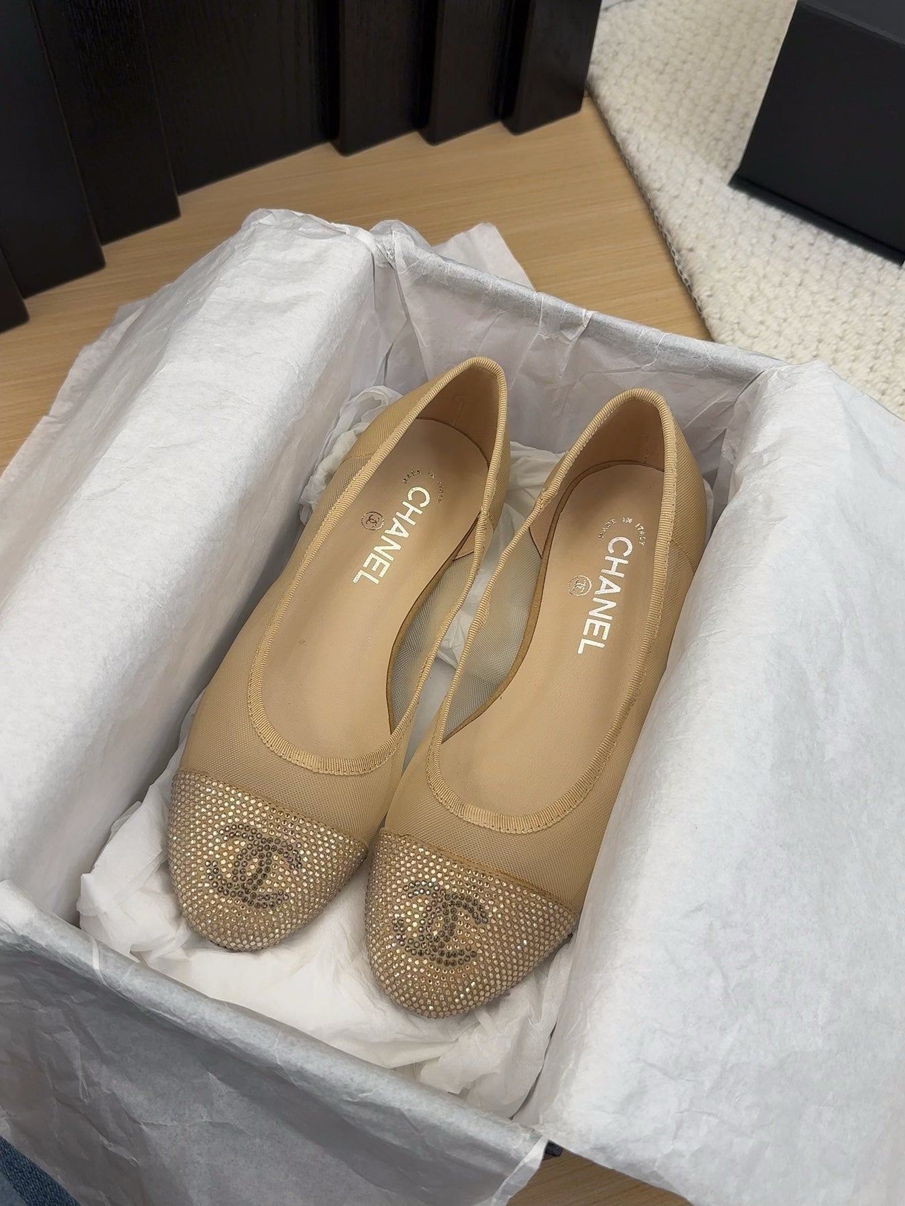 BALLET FLAT IN CAMEL BEIGE FABRIC AND MESH WITH CRYSTALS - 34