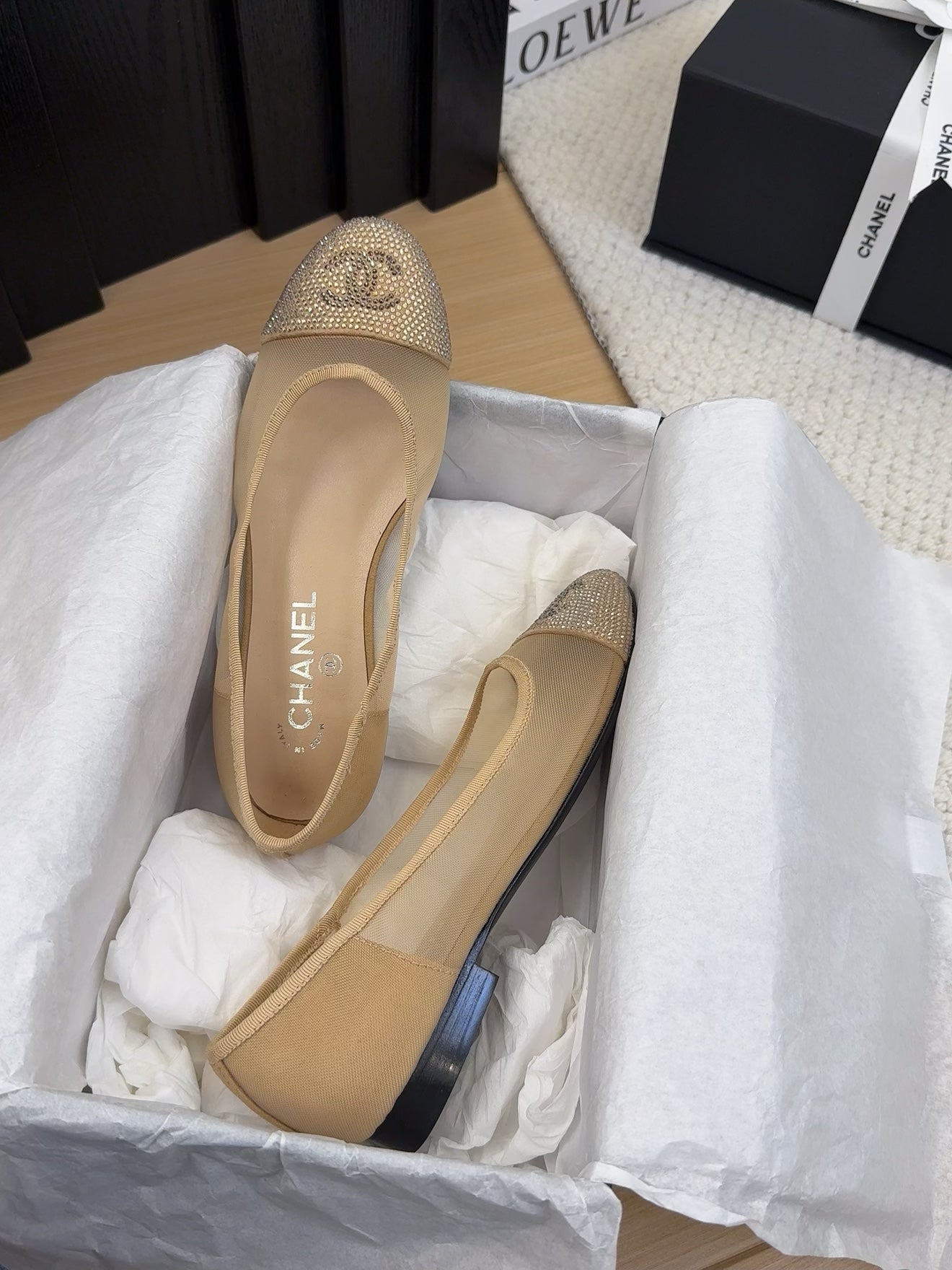 BALLET FLAT IN CAMEL BEIGE FABRIC AND MESH WITH CRYSTALS - 34