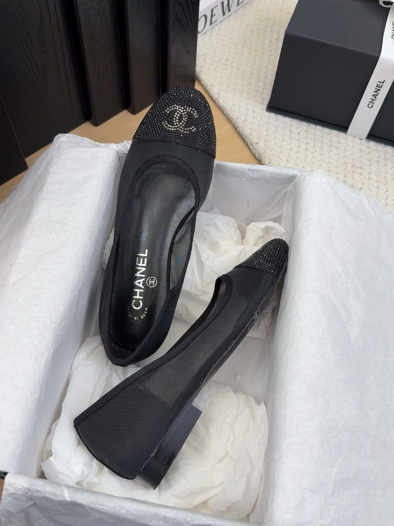 BALLET FLAT IN BLACK FABRIC AND MESH WITH CRYSTALS - 34