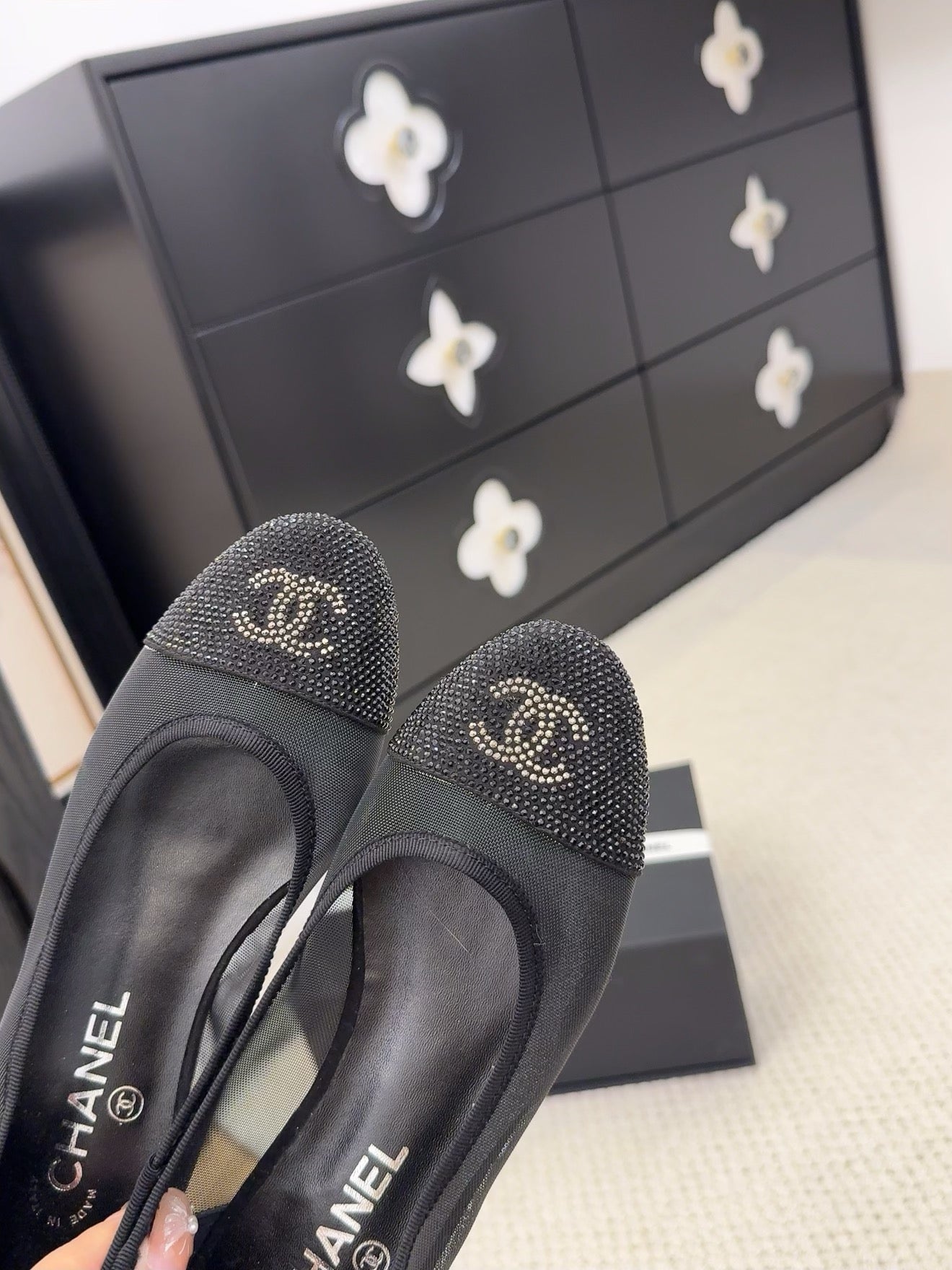 BALLET FLAT IN BLACK FABRIC AND MESH WITH CRYSTALS - 34