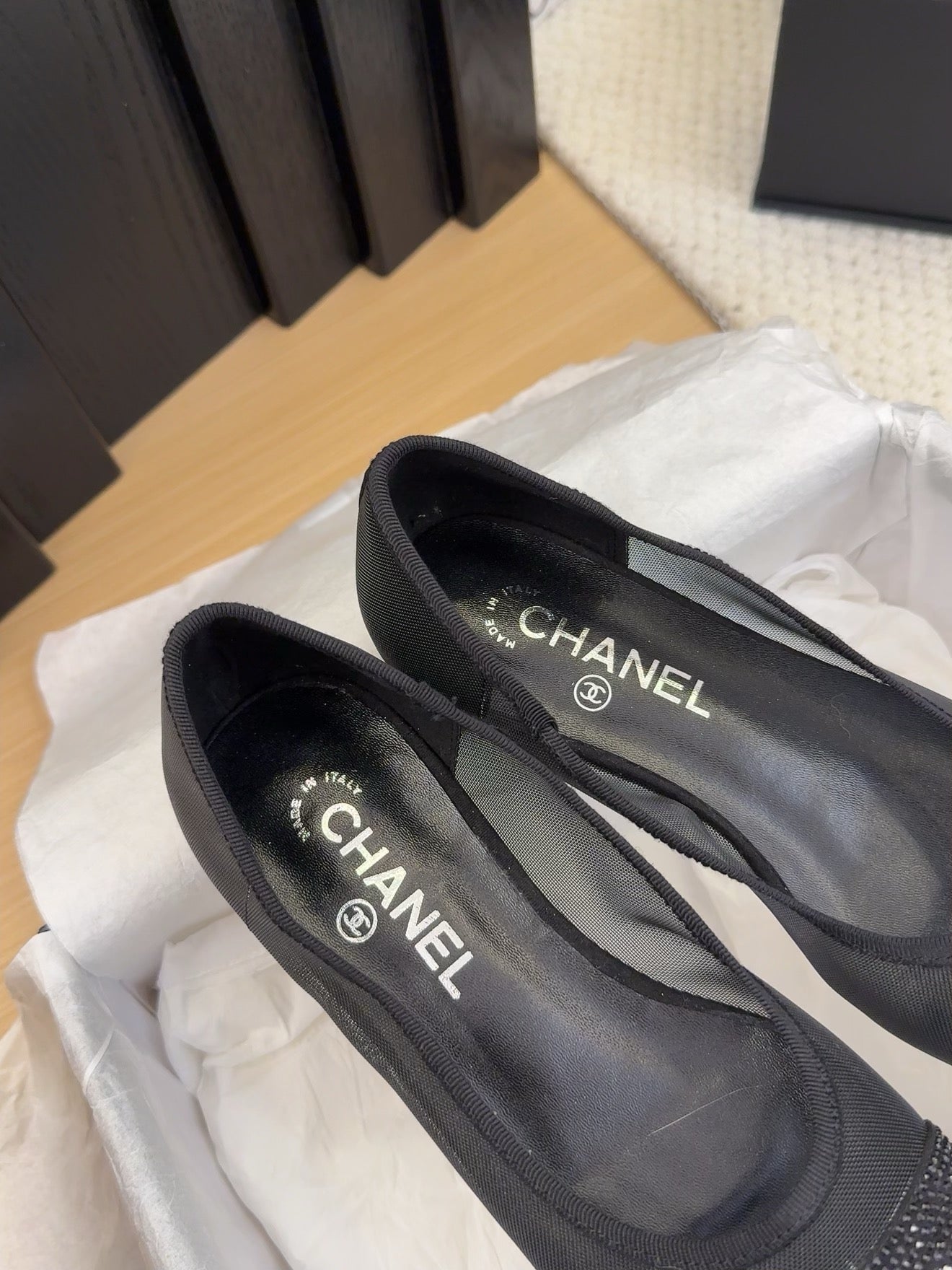 BALLET FLAT IN BLACK FABRIC AND MESH WITH CRYSTALS - 34