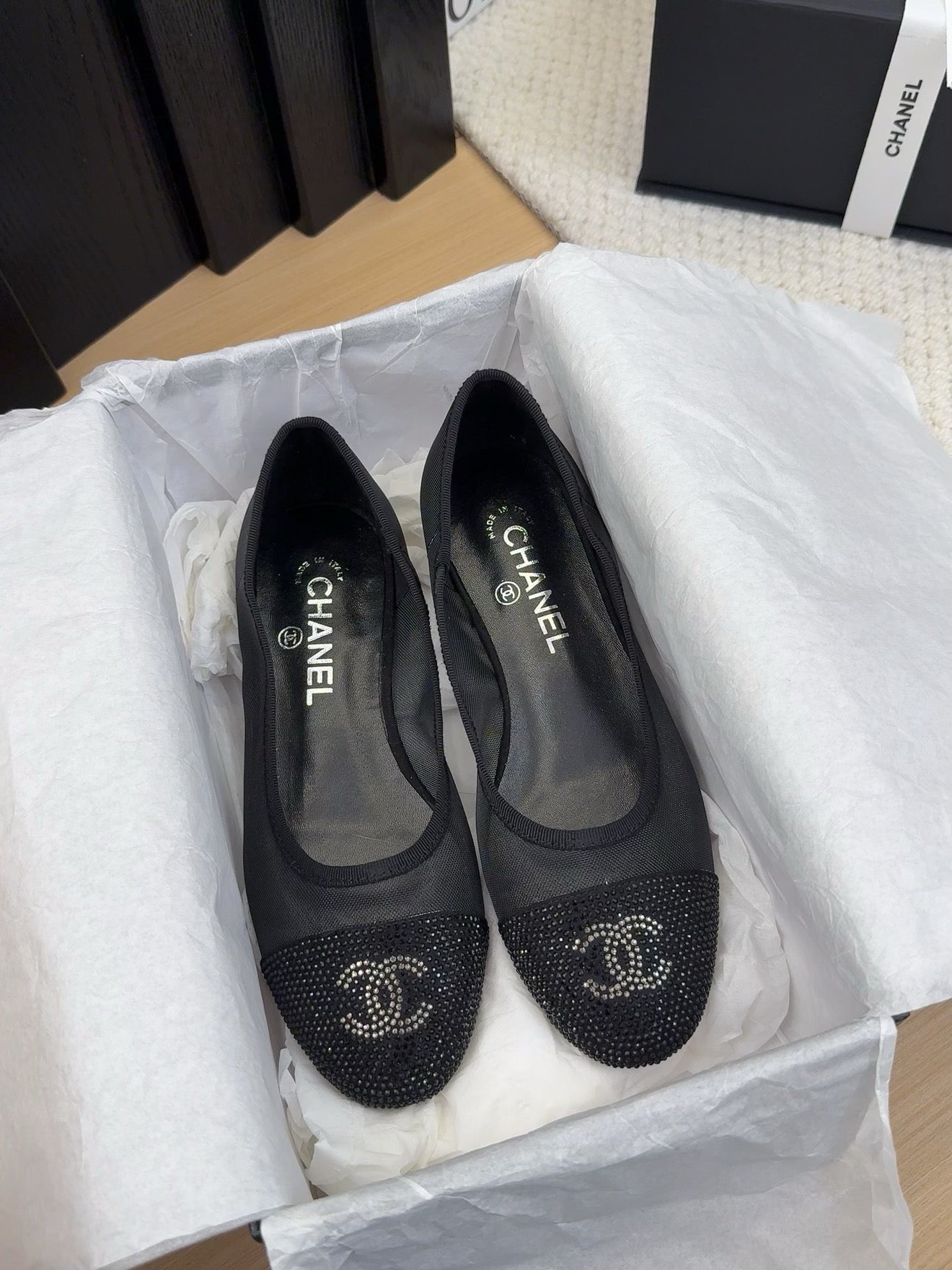 BALLET FLAT IN BLACK FABRIC AND MESH WITH CRYSTALS - 34