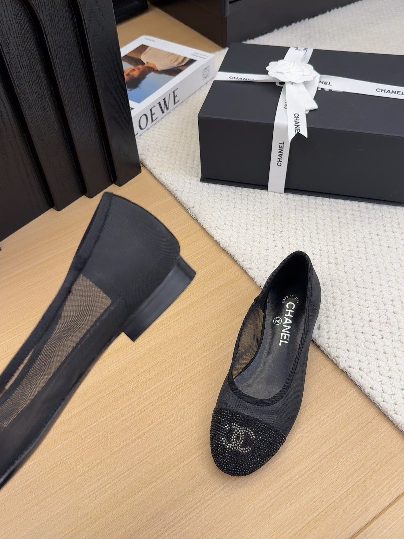 BALLET FLAT IN BLACK FABRIC AND MESH WITH CRYSTALS - 34
