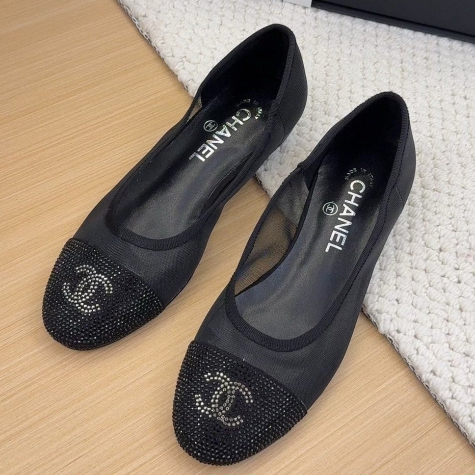 BALLET FLAT IN BLACK FABRIC AND MESH WITH CRYSTALS - 34