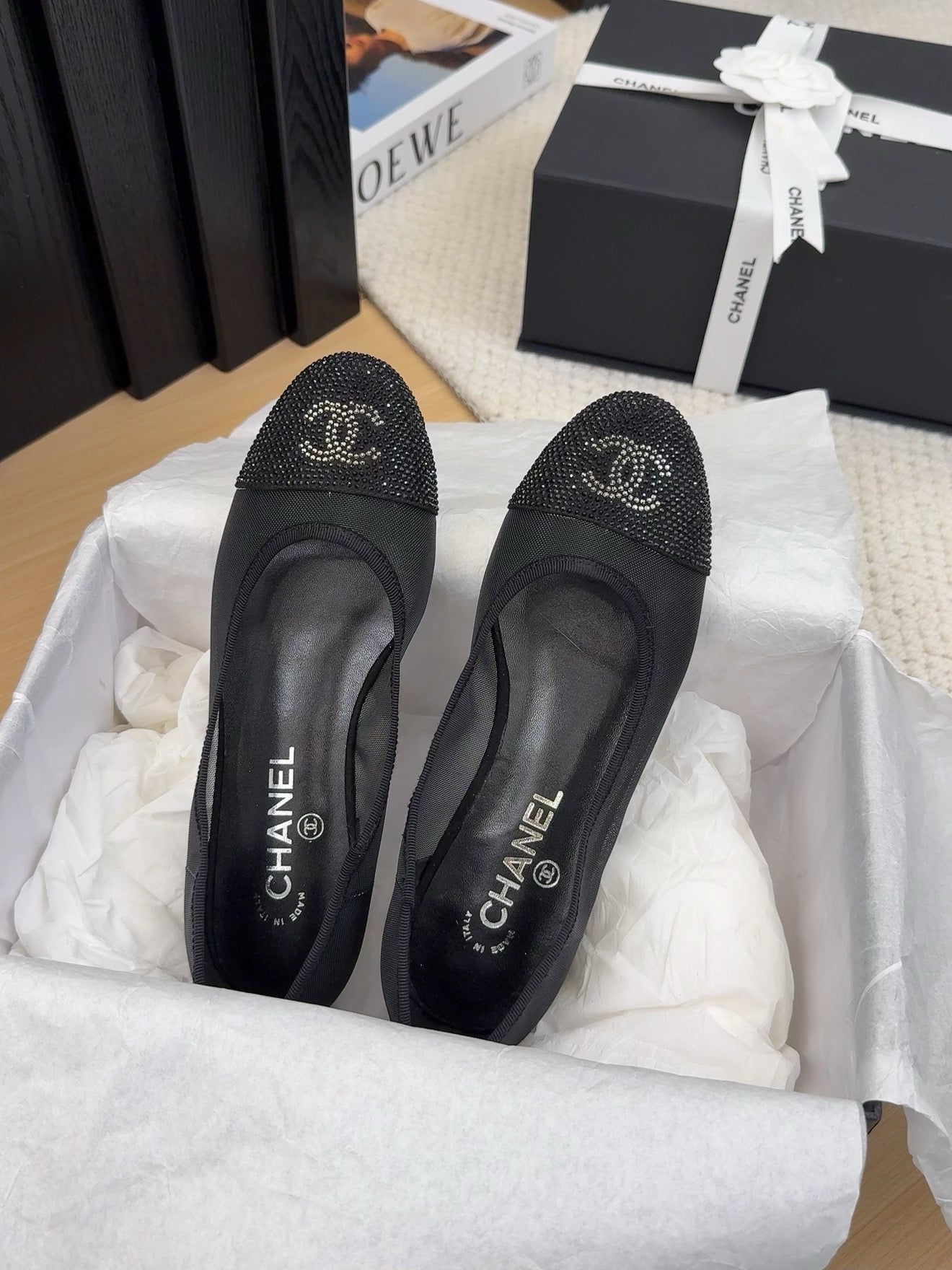 BALLET FLAT IN BLACK FABRIC AND MESH WITH CRYSTALS - 34