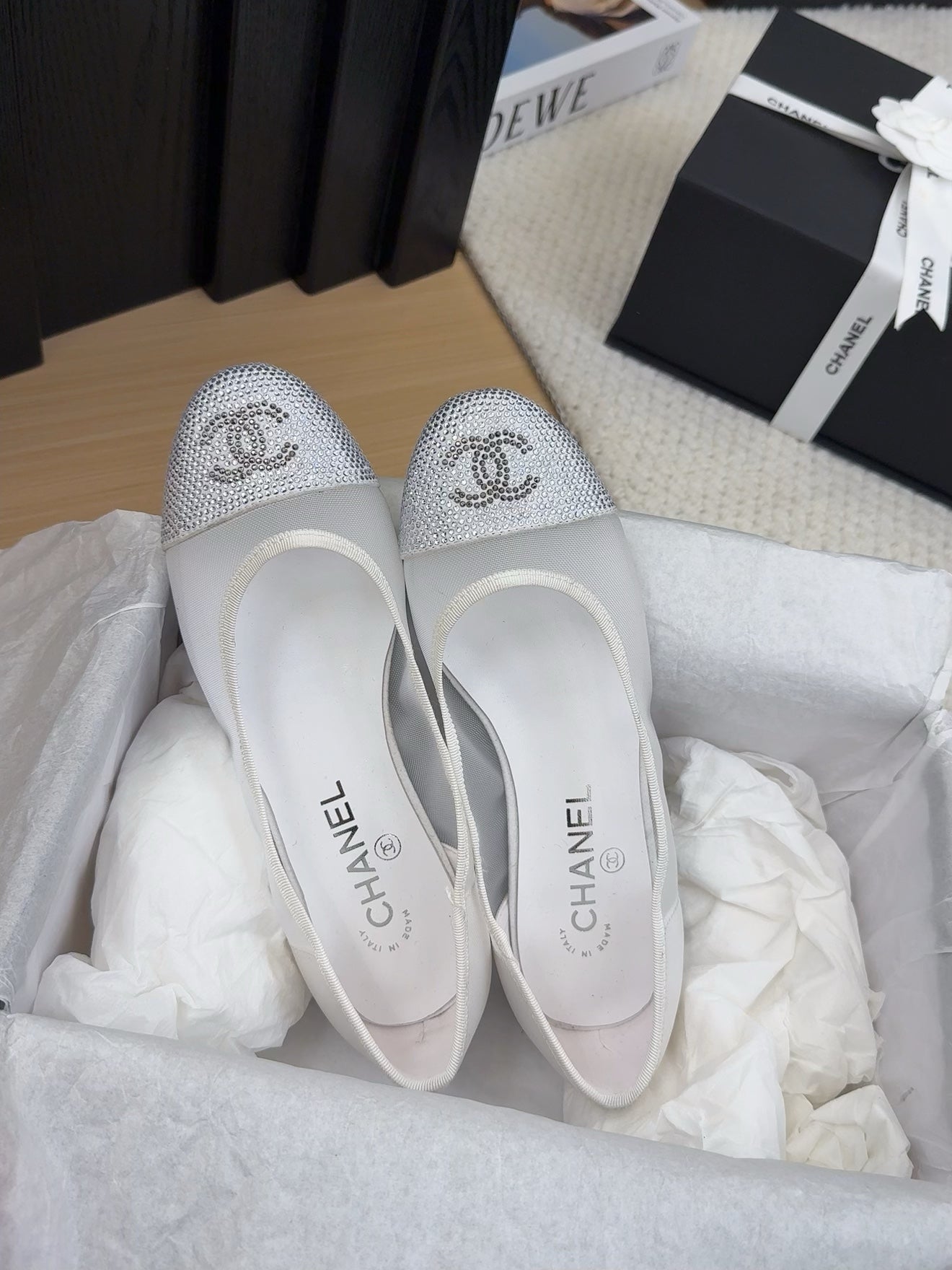 BALLET FLAT IN WHITE FABRIC AND MESH WITH CRYSTALS - 34