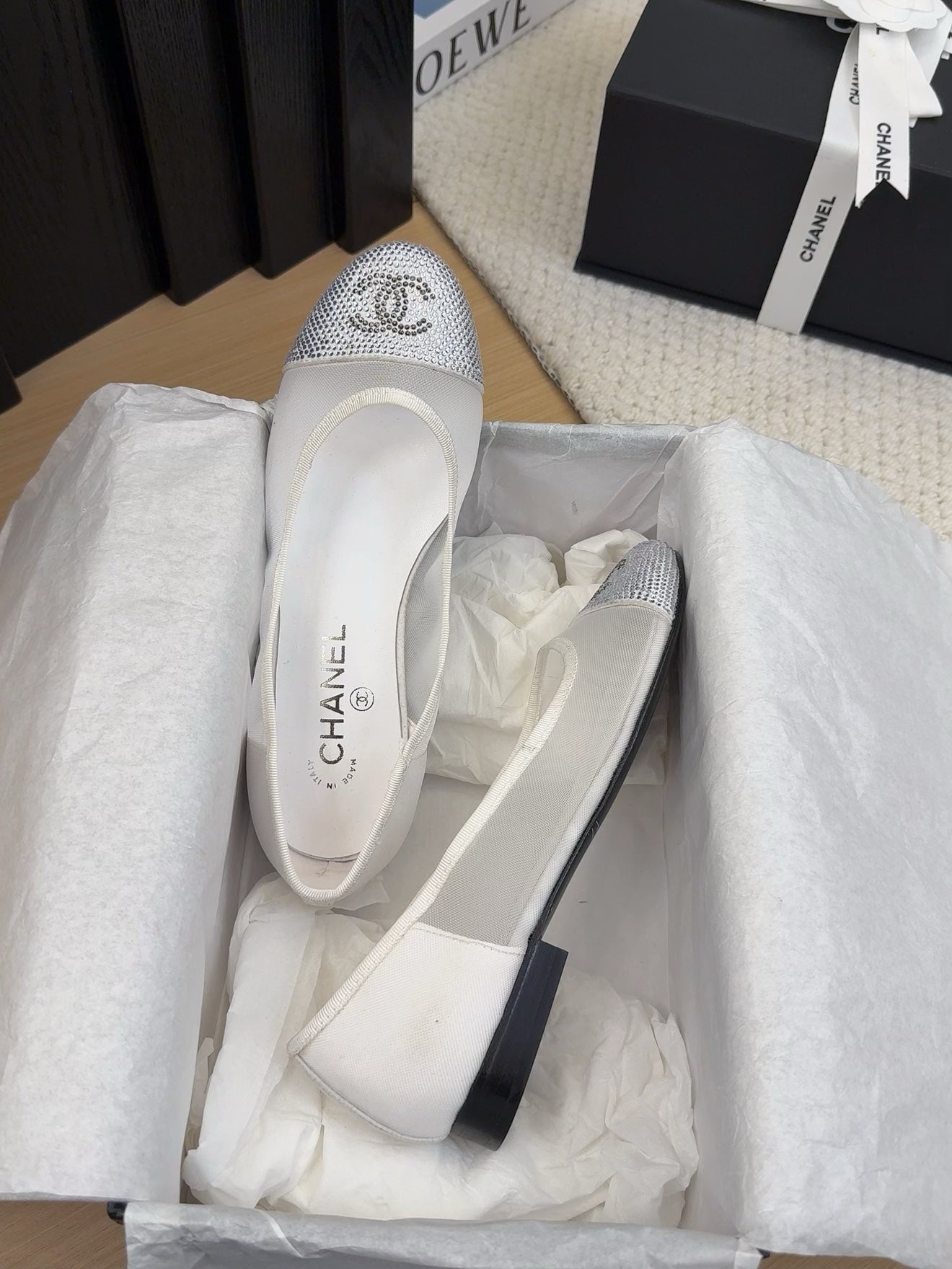 BALLET FLAT IN WHITE FABRIC AND MESH WITH CRYSTALS - 34