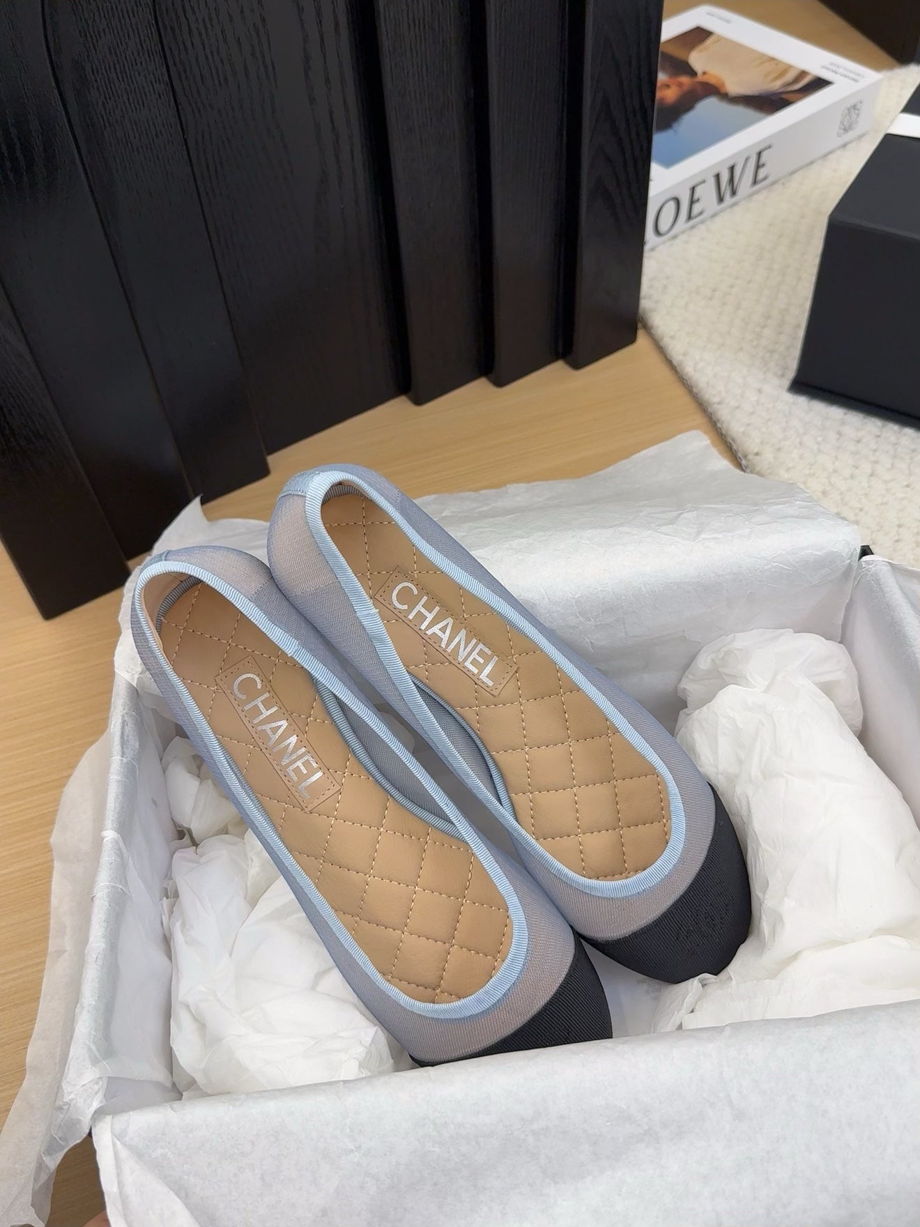 BALLET FLAT IN BLACK FABRIC AND BABY BLUE MESH - 34