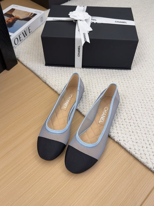 BALLET FLAT IN BLACK FABRIC AND BABY BLUE MESH - 34