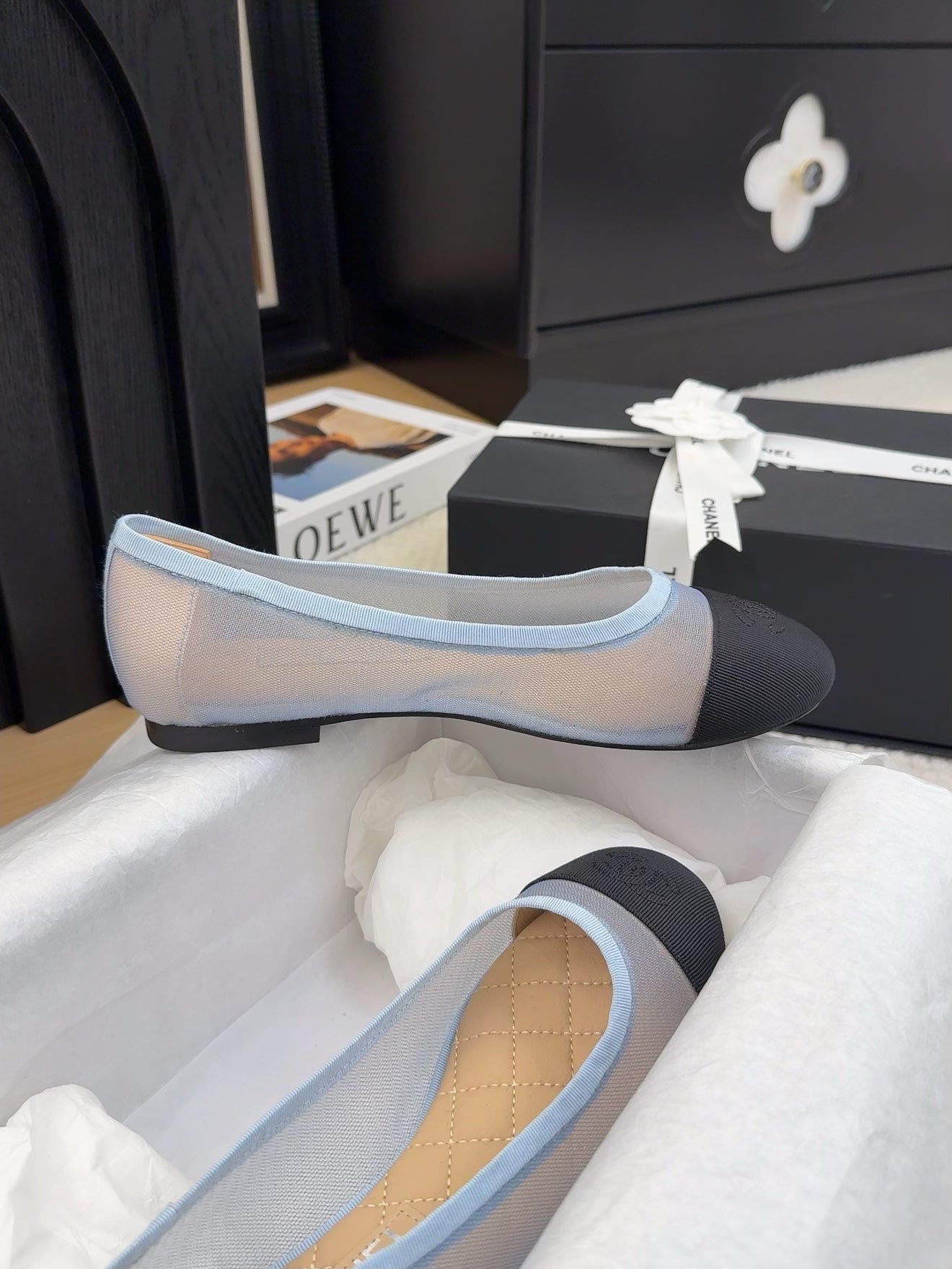 BALLET FLAT IN BLACK FABRIC AND BABY BLUE MESH - 34