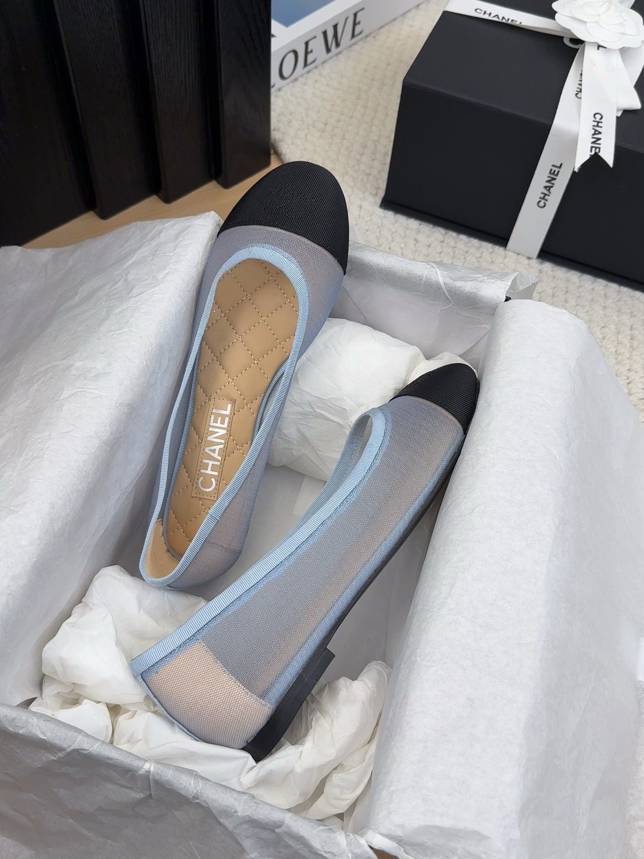 BALLET FLAT IN BLACK FABRIC AND BABY BLUE MESH - 34