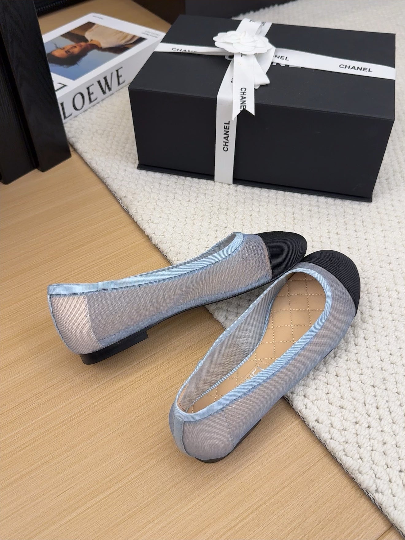 BALLET FLAT IN BLACK FABRIC AND BABY BLUE MESH - 34